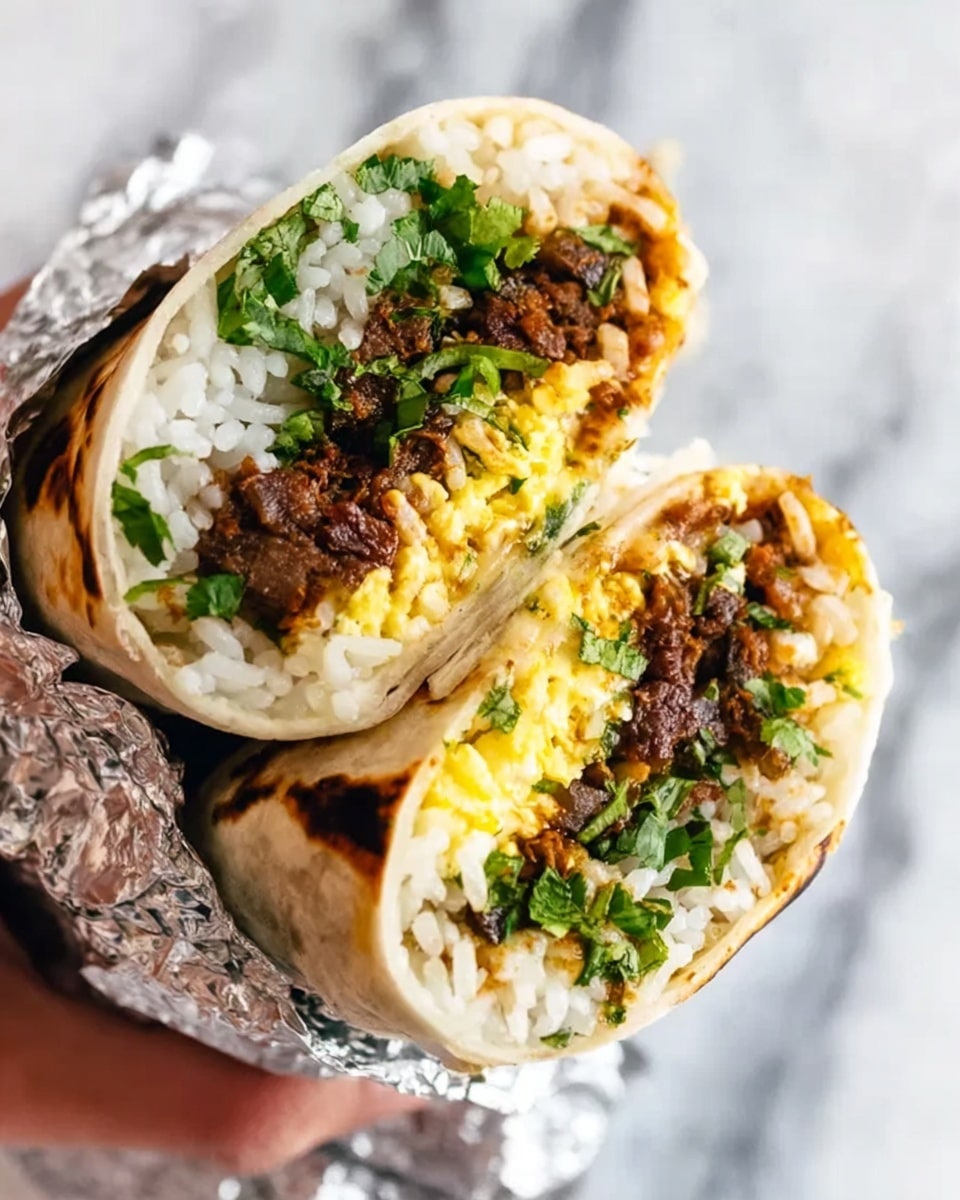 The image shows a close-up of a burrito cut in half, wrapped in a lightly charred white tortilla. The burrito is filled with several layers: the first layer is white rice with a soft texture, next comes bright green chopped herbs and vegetables, followed by a layer of light yellow scrambled eggs, and at the bottom, a moist, dark brown shredded meat with a rich texture. The burrito is placed partially wrapped in silver foil on a white marbled surface. A woman's hand is gently holding one half of the burrito. photo taken with an iphone --ar 4:5 --v 7