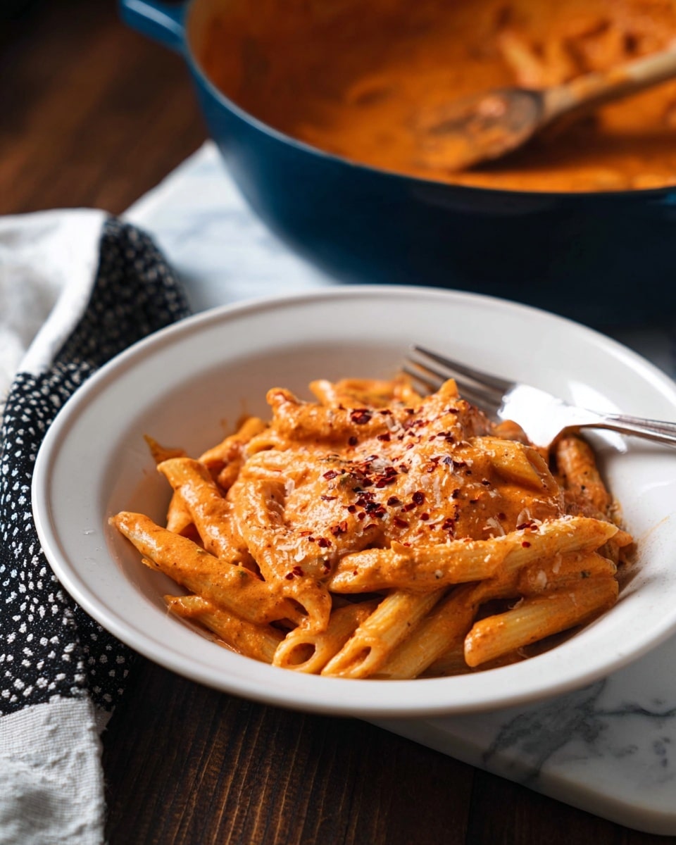A white bowl filled with penne pasta covered in thick, smooth, orange-red sauce, topped with a sprinkling of grated cheese and red pepper flakes. A silver fork rests inside the bowl on the right side, partially under the pasta. In the background, there is a blue pan filled with more of the same sauce with a wooden spoon resting in it. The scene sits on a dark wooden surface with a black and white cloth nearby, all placed on a white marbled texture. Photo taken with an iphone --ar 4:5 --v 7