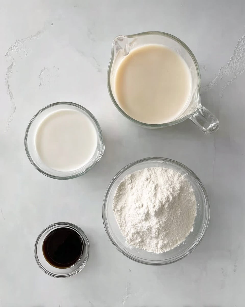 The image shows four clear glass bowls and pitchers placed on a white marbled surface. The largest clear glass pitcher is filled with a thick, light cream-colored liquid and is positioned at the top right. To its left is a slightly smaller clear glass pitcher filled with a white liquid. Below these pitchers, there is a clear glass bowl full of white powder, placed on the right side. On the left side near the bottom, there is a small clear glass bowl holding a dark liquid. The arrangement is neat with all containers clearly visible from the top view photo taken with an iphone --ar 4:5 --v 7