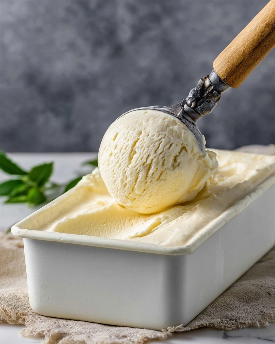 A single round scoop of creamy pale yellow ice cream is held by a metal ice cream scooper with a wooden handle, resting just above a full, rectangular white tin container filled with the same ice cream that shows smooth and slightly textured surfaces. The container sits on a neutral cloth with a bit of green leaf peeking from behind on the left side, all placed on a white marbled surface with a blurred dark gray background behind. The texture of the ice cream is soft and smooth with visible small ridges from scooping, photo taken with an iphone --ar 4:5 --v 7