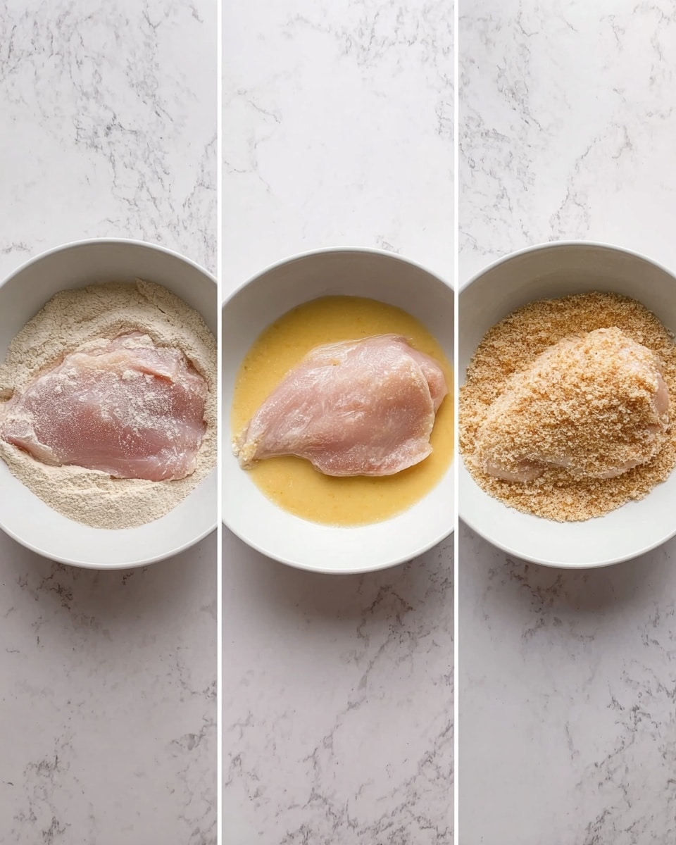 The image shows three white bowls placed side by side on a white marbled surface, each containing a chicken piece at a different stage of coating. In the first bowl on the left, a raw pink chicken piece lies flat over a layer of pale beige flour mixture. The middle bowl shows the same chicken piece now covered in a yellowish beaten egg mixture, which is smooth and glossy, filling the bottom of the bowl. The bowl on the right has the chicken piece coated in a crumbly, light brown breadcrumb mix with a coarse texture, evenly covering the chicken. The photo is taken with an iphone --ar 4:5 --v 7