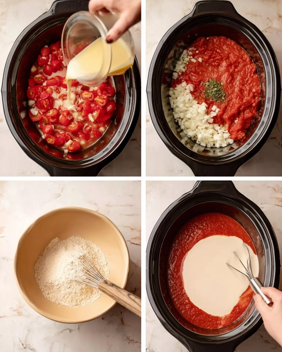 The image shows four photos arranged in a grid, each depicting steps of making a tomato soup in a black slow cooker. The top-left photo has a woman’s hand pouring a light yellow liquid into the cooker that contains chopped red tomatoes, diced white onions, and small bits of garlic. The top-right photo shows the cooker filled with the same ingredients along with red tomato paste, white salt, and chopped green herbs, all nicely layered in the black slow cooker on a white marbled surface. The bottom-left photo shows a beige bowl with a fine, pale powder being stirred with a metal whisk on the same white marbled surface. The bottom-right photo shows a woman’s hand pouring a smooth, pale cream into the red tomato mixture inside the black slow cooker. photo taken with an iphone --ar 4:5 --v 7