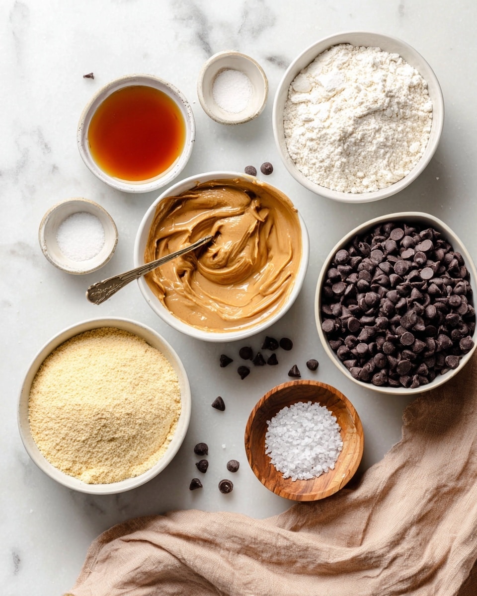 The image shows seven white bowls and dishes filled with different ingredients arranged on a white marbled surface. In the lower left corner, a bowl holds a pale yellow powder. Next to it, a slightly larger bowl contains a creamy light brown peanut butter with a spoon inside. Above that, a smaller dish has a dark amber liquid. At the top left, a small bowl holds a light brown syrup. To the right of that, a small dish contains a white powder. At the top right side, a bowl is filled with many dark chocolate chips, with a few chips scattered nearby. To the far right, a small wooden bowl contains coarse white flakes that look like salt. A soft beige cloth napkin peeks into the bottom right corner of the image. Photo taken with an iphone --ar 4:5 --v 7