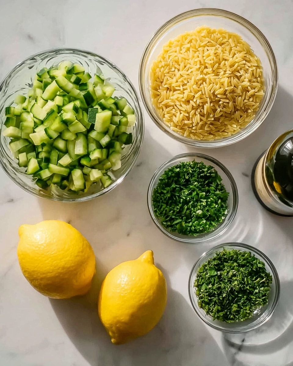 The image shows a collection of ingredients arranged on a white marbled surface. There are two clear glass bowls filled with chopped green cucumbers and yellow orzo pasta, placed side by side in the top half of the picture. Below them are two whole yellow lemons, positioned next to each other. On the right side, there are two smaller clear glass bowls containing finely chopped green herbs, one darker and one lighter in shade. A bottle is seen partially on the far right edge. The lighting is bright and natural, highlighting the colors clearly. photo taken with an iphone --ar 4:5 --v 7