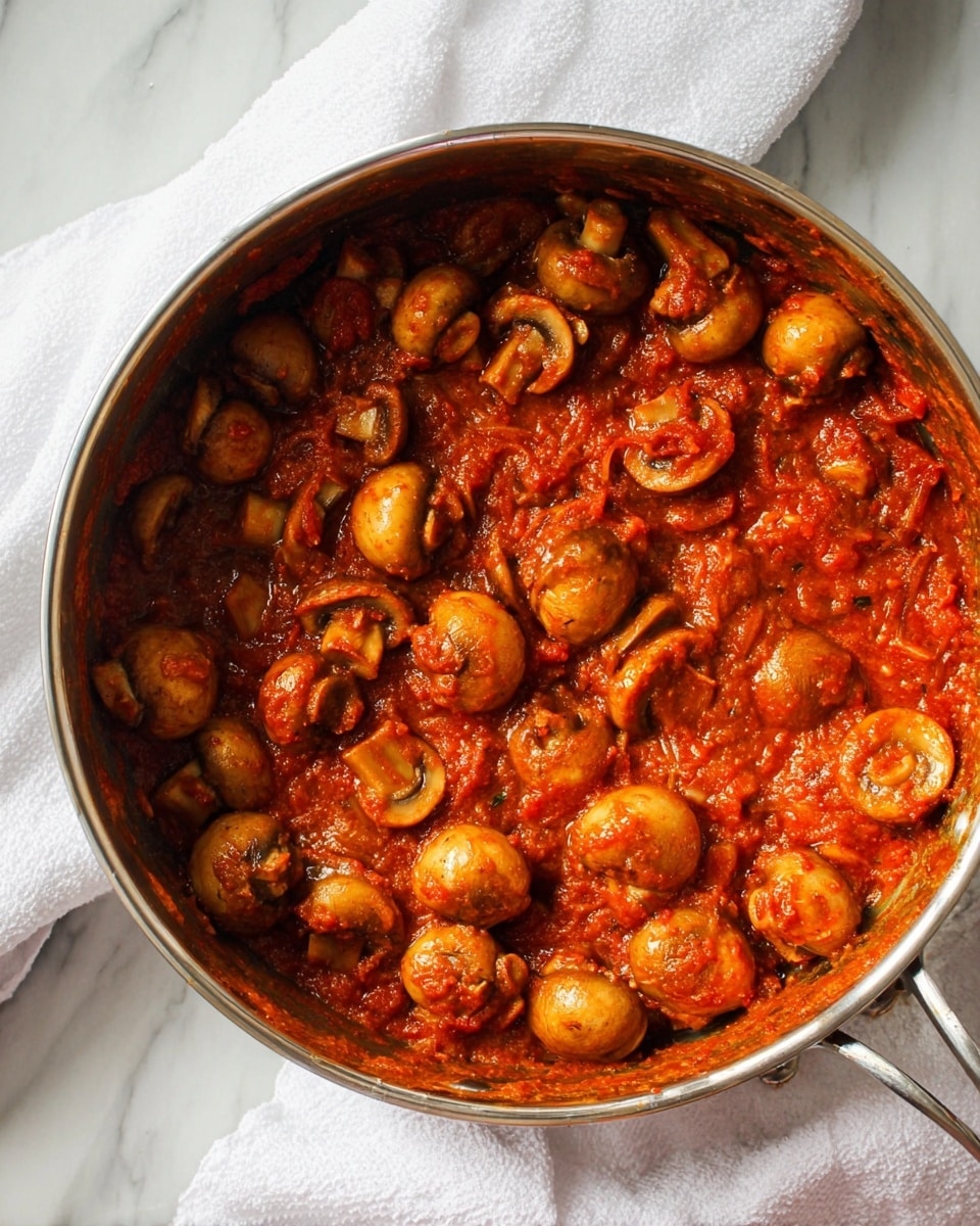 A round stainless steel pot filled with a rich tomato-based sauce mixed with whole light brown mushrooms. The sauce is thick with visible small chunks of tomato and spices, coating the mushrooms evenly. The mushrooms rest mostly upright, showing their rounded caps and smooth texture. The pot sits on a white marbled surface with a white cloth nearby. The image captures the warm, reddish-orange colors of the sauce and the soft, plump mushrooms. Photo taken with an iphone --ar 4:5 --v 7