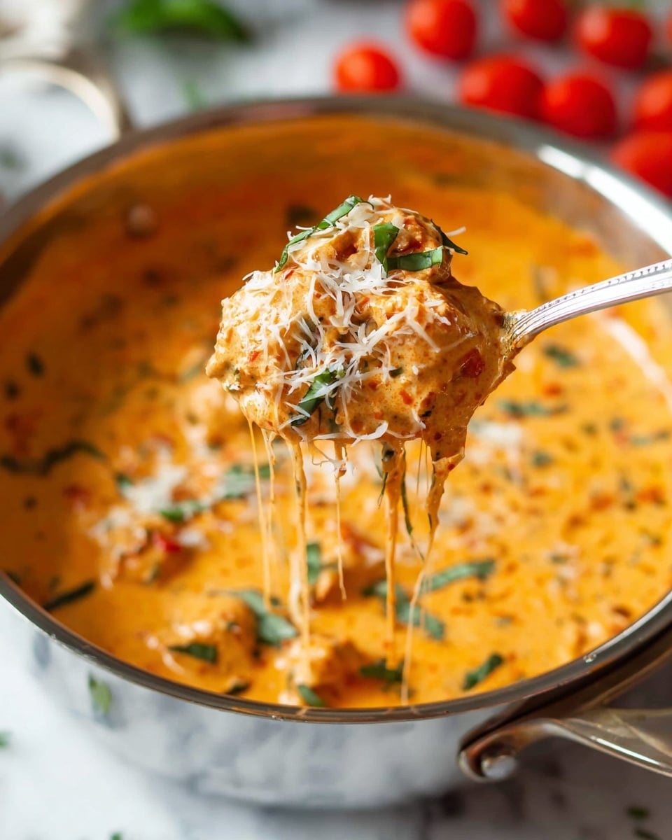 A close-up view of a spoon lifting a thick, creamy orange sauce filled with small, round pieces covered in fine red chili flakes and fresh green basil leaves. The sauce appears smooth and rich, with shredded white cheese sprinkled on top of the spoonful and some melted into the sauce. The background shows a large stainless steel pan filled with the same creamy orange sauce, dotted with green herbs for color contrast. The scene is set on a white marbled surface with out-of-focus red cherry tomatoes in the background. photo taken with an iphone --ar 4:5 --v 7