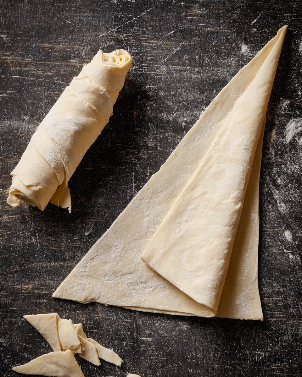 The image shows a black textured surface with two large sheets of thin, square pastry dough. One sheet is folded and cut into a long triangular shape with the bottom edge slightly rolled in. To the left, there is a small rolled bundle made of several layers of the same pastry dough, appearing smooth and light beige in color. The pastry layers have a slightly wrinkled texture, and some small pieces of dough are scattered on the surface. The overall look is simple and focused on the thin delicacy of the pastry. photo taken with an iphone --ar 4:5 --v 7