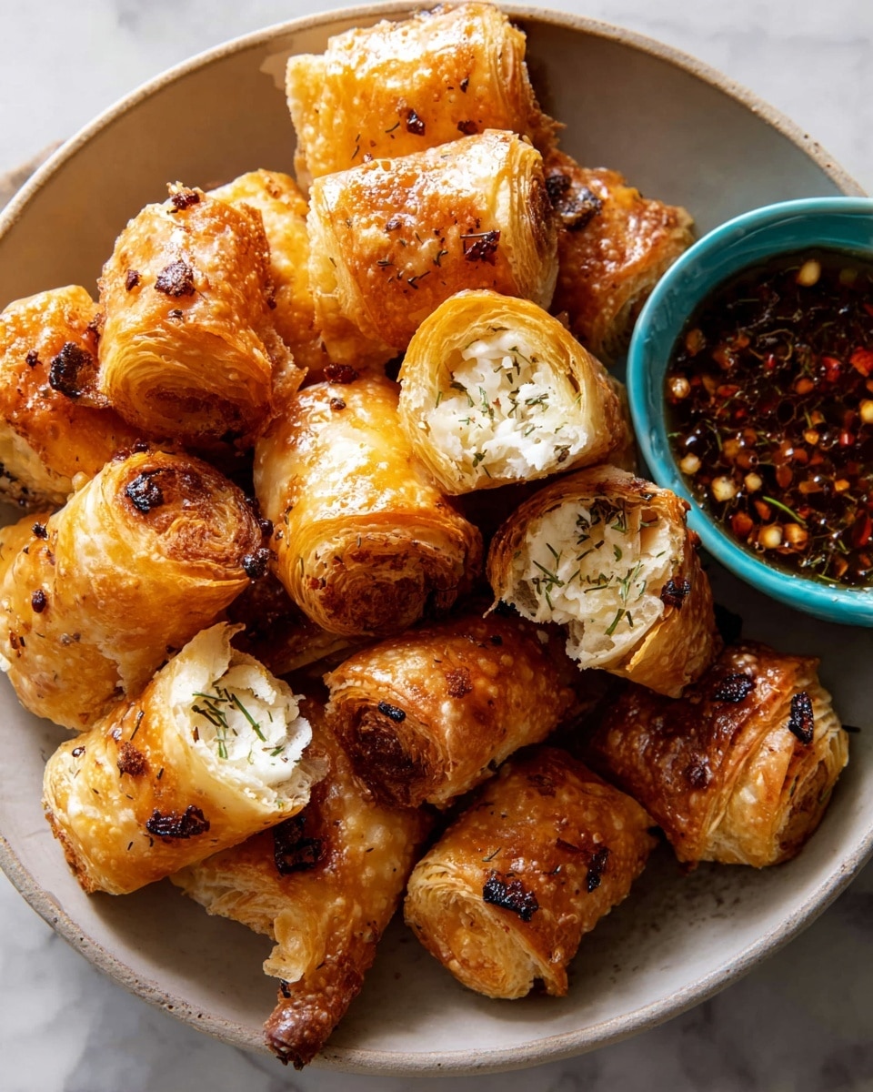 A white bowl filled with about twelve golden-brown rolled pastries that have a shiny, flaky texture with crispy edges and small dark toasted spots on the surface. Two of the pastries are broken open, showing a soft, white, crumbly inside with herbs sprinkled in it. The pastries are stacked loosely, with some overlapping. In the bowl, on the right side, there is a dark reddish-brown dipping sauce with visible chili flakes and coarse spices mixed in. A white marbled surface is visible around the bowl. Photo taken with an iphone --ar 4:5 --v 7
