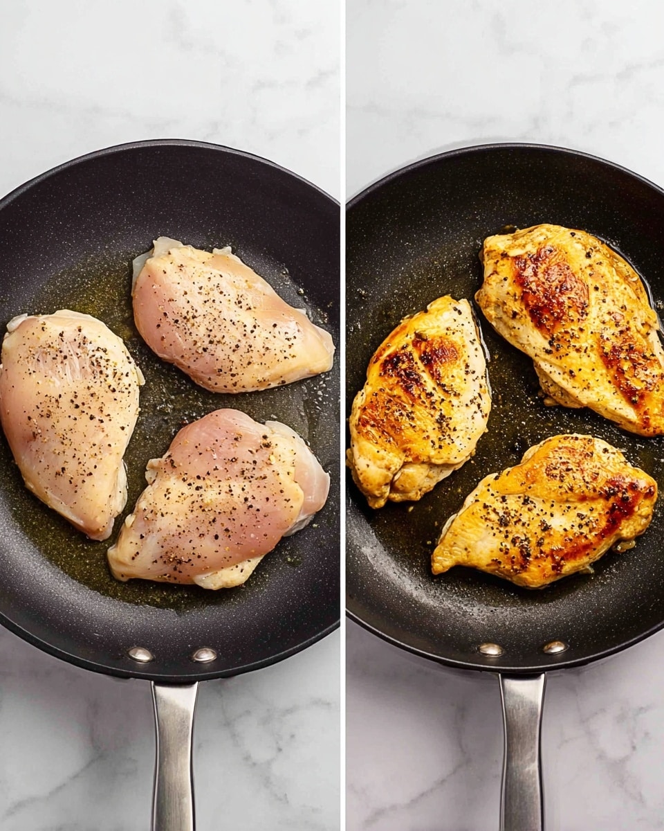 The image shows two side-by-side photos of a black frying pan placed on a white marbled surface. On the left side, the pan holds three raw chicken pieces with a light pink color, each sprinkled with black pepper and glistening with a bit of oil. On the right side, the same pan contains the same three chicken pieces now cooked to a golden brown with slightly charred spots, still sprinkled with black pepper, and glistening with oil. photo taken with an iphone --ar 4:5 --v 7