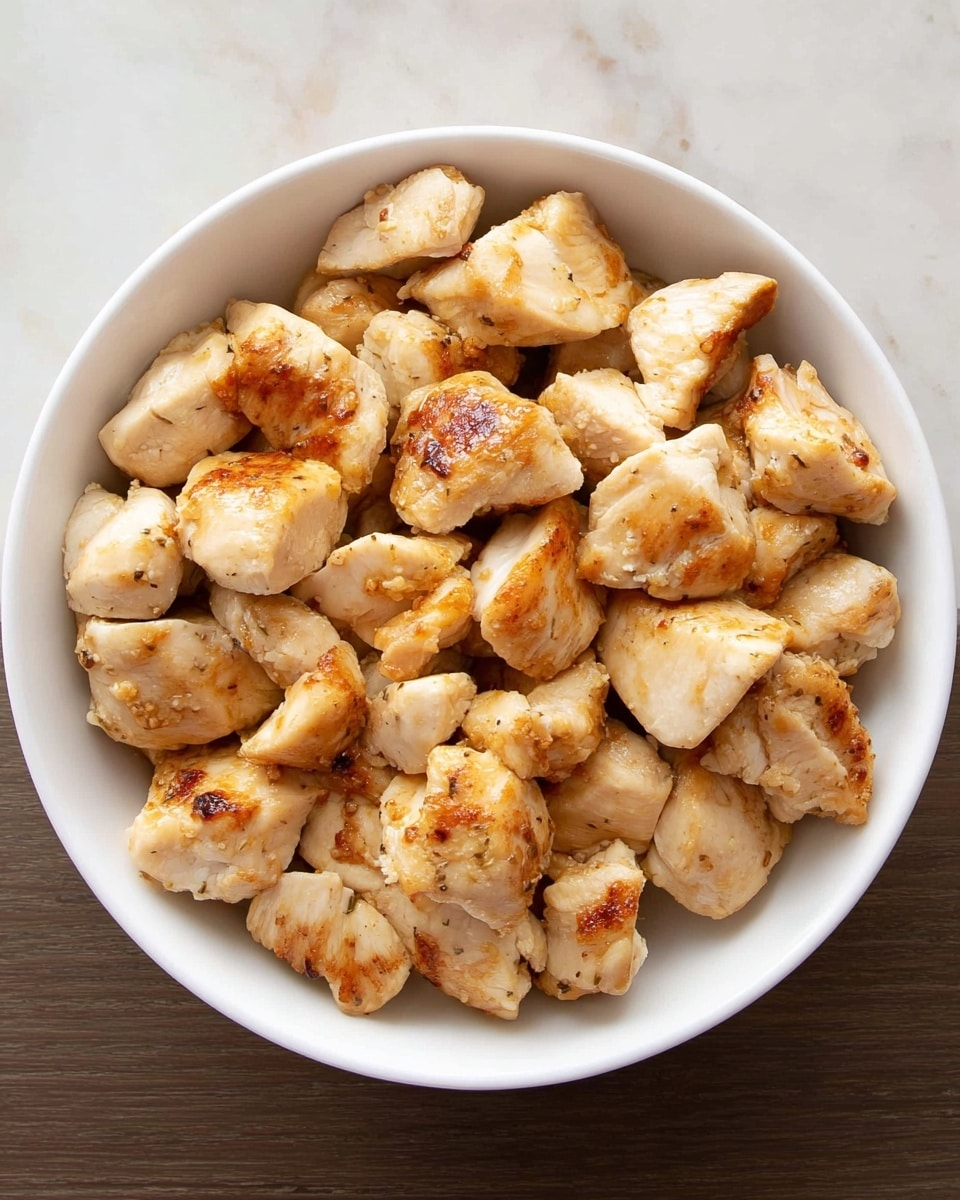 A white bowl filled with small to medium-sized pieces of cooked chicken, each piece lightly browned on the outside with a mix of golden and creamy white colors, showing a soft and tender texture. The chicken pieces are piled evenly and closely together, with some pieces slightly overlapping. The bowl is placed on a white marbled surface that contrasts softly with the warm tones of the chicken, enhancing the visual appeal. photo taken with an iphone --ar 4:5 --v 7