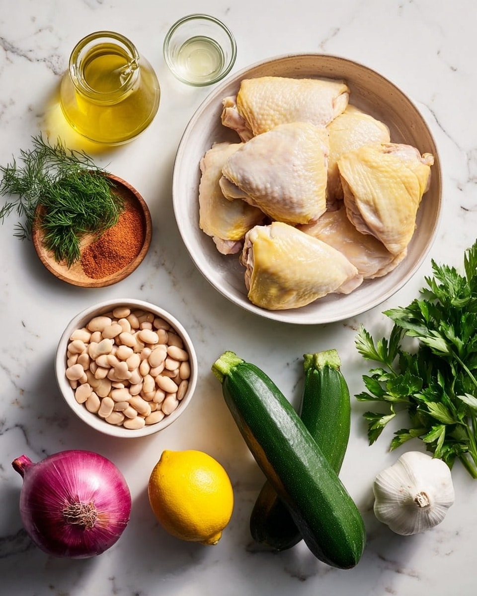 The image shows ingredients arranged on a white marbled surface. In the center right, there is a round bowl filled with several raw chicken thighs with pale yellow skin. Below the bowl, two green zucchinis rest next to a bright yellow lemon. To the bottom left, a white bowl is full of light beige beans, and next to it is a whole red onion with purple skin. Above the beans are a small round wooden dish holding fresh green dill sprigs, and a small glass jar filled with reddish-brown powder. To the top left, there is a round glass bottle with yellow oil and a small glass cup filled with clear liquid. On the far right side, fresh green parsley and a bulb of white garlic are visible. Photo taken with an iphone --ar 4:5 --v 7