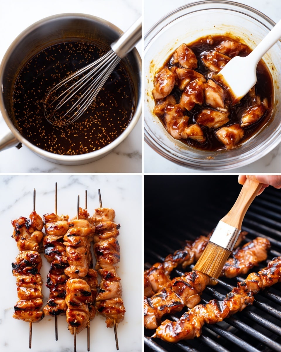 A collage of four images shows the process of making grilled chicken skewers. The top left image has a pot with a dark brown sauce with sesame seeds and a metal whisk inside it, the sauce has a smooth, shiny texture. The top right image shows raw chicken pieces in a clear glass bowl covered in the sticky dark brown sauce with glossy and rich coating, and a white spatula resting inside the bowl. The bottom left image displays four metal skewers lined up on a white marbled surface, with chicken pieces evenly threaded and covered in the same dark brown sauce, showing a shiny, tender texture. The bottom right image features the skewers on a black grill, chicken cooking with char marks and golden glaze, while a wooden-handled brush with light brown bristles, held by a woman's hand, is applying the sauce on the chicken. photo taken with an iphone --ar 4:5 --v 7