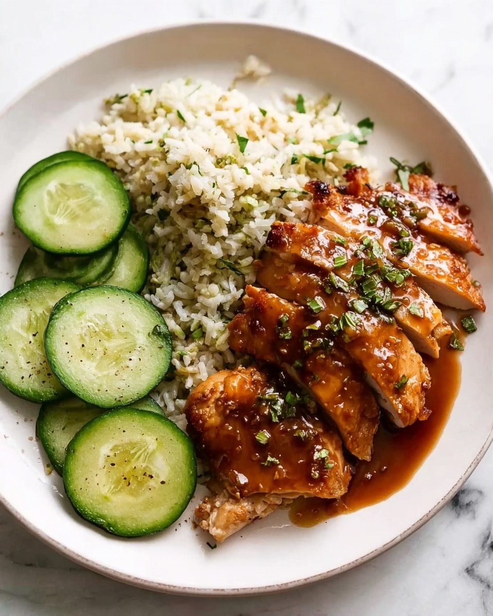 A white plate on a white marbled surface holds a meal composed of three main layers: on the left are several slices of green cucumber with a light sprinkle of seasoning, next to a portion of rice mixed with herbs adding a mix of white and green colors, and to the right, a piece of cooked chicken covered in a shiny brown sauce with small herb pieces on top; a woman's hand is using a fork to lift a slice of the chicken, showing its moist texture inside. photo taken with an iphone --ar 4:5 --v 7