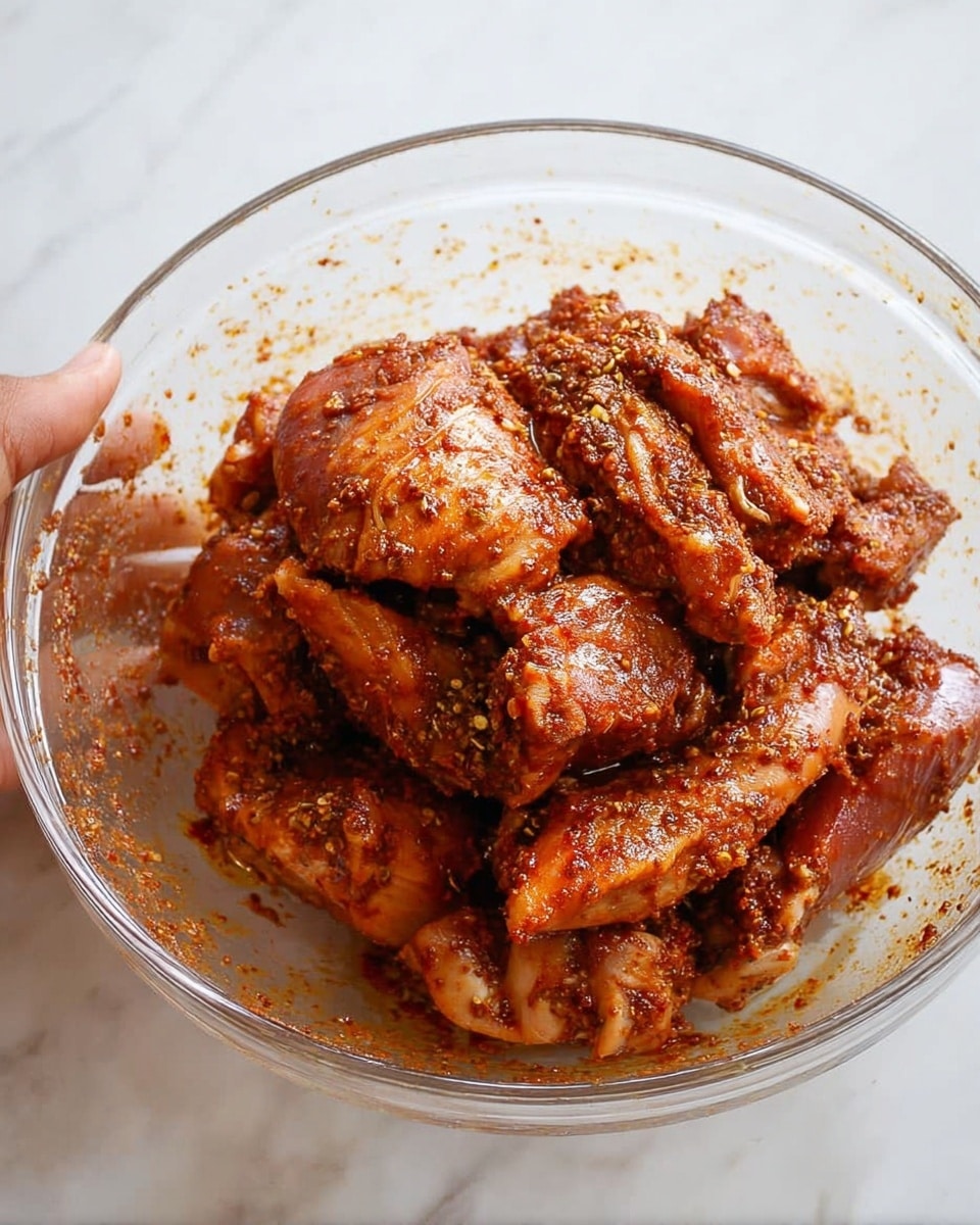 A clear glass bowl filled with raw pieces of marinated chicken, coated evenly with a thick reddish-brown spice mix with visible dried herbs and pepper flakes. The chicken is stacked unevenly in about two layers, showing juicy texture with some oily shine from the marinade. The bowl sits on a white marbled surface, and a woman’s hand is partly visible in the corner holding the bowl. photo taken with an iphone --ar 4:5 --v 7