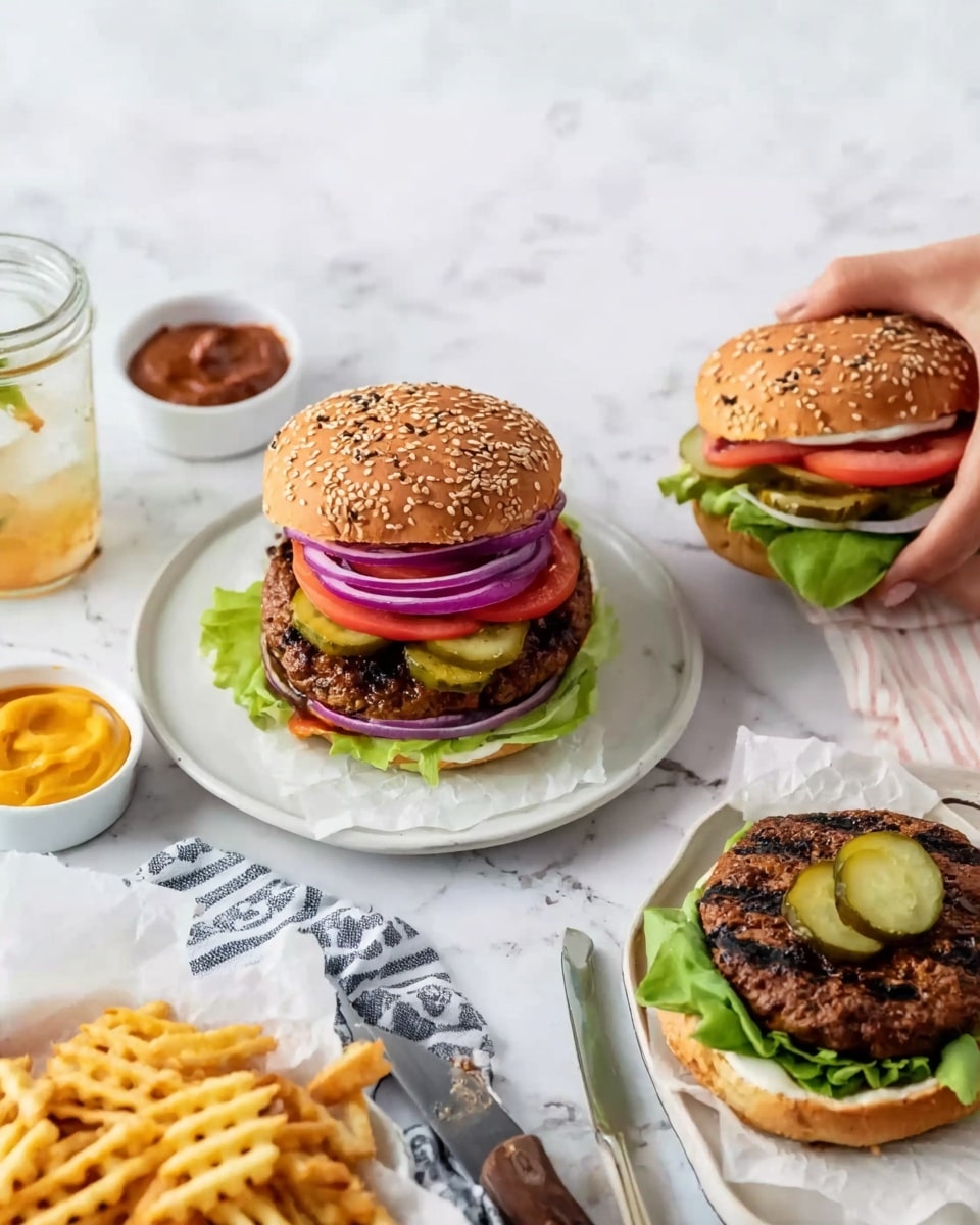 The image shows two burgers with visible layers. One burger is fully assembled on a white plate with a sesame seed bun on top. The layers from top to bottom include the bun, a thick slice of purple onion, green lettuce, a slice of red tomato, another slice of red onion, pickle slices, a burger patty, and a white paper lining underneath the burger. Next to it, there are crinkle-cut fries. The second burger is open with the top sesame seed bun removed, showing a burger patty with purple onion rings, green lettuce on a white plate with white paper under it. A woman's hand is holding a burger bun near this burger. Around the burgers, there are small jars with sauces, a drink with ice slices, and a knife placed on the marble surface. The background is a white marbled texture. photo taken with an iphone --ar 4:5 --v 7