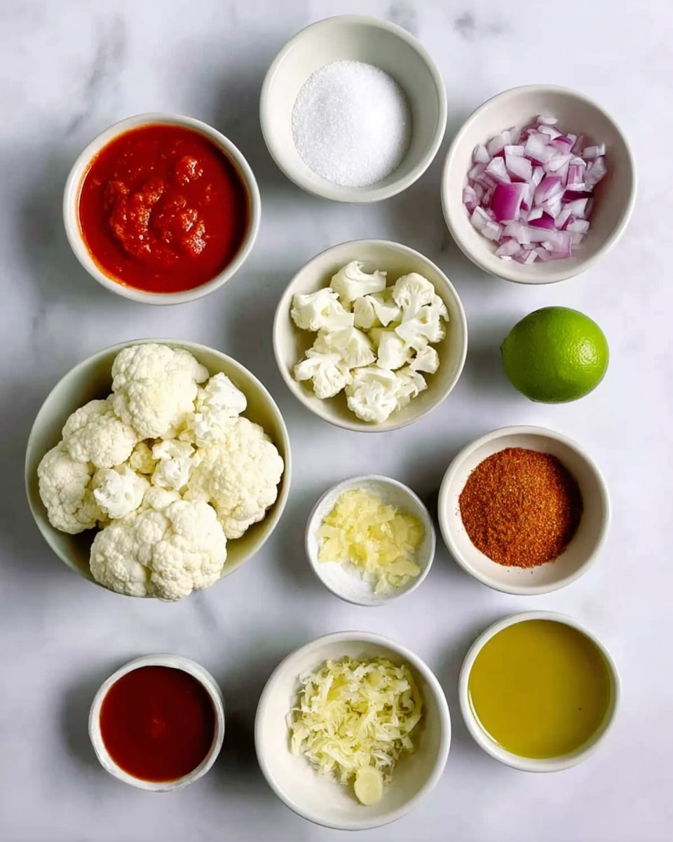 The image shows eleven small white bowls and one whole lime placed on a white marbled surface. The bowls contain various ingredients including white granulated sugar, red tomato sauce, small white cauliflower florets, chopped red onions, a light yellow minced paste, two different spice powders,one brownish and the other reddish,light green liquid, golden oil, and a mixture of finely minced garlic and ginger. All the ingredients are neatly arranged in rows, showcasing a mix of colors and textures in a clean and organized manner. photo taken with an iphone --ar 4:5 --v 7