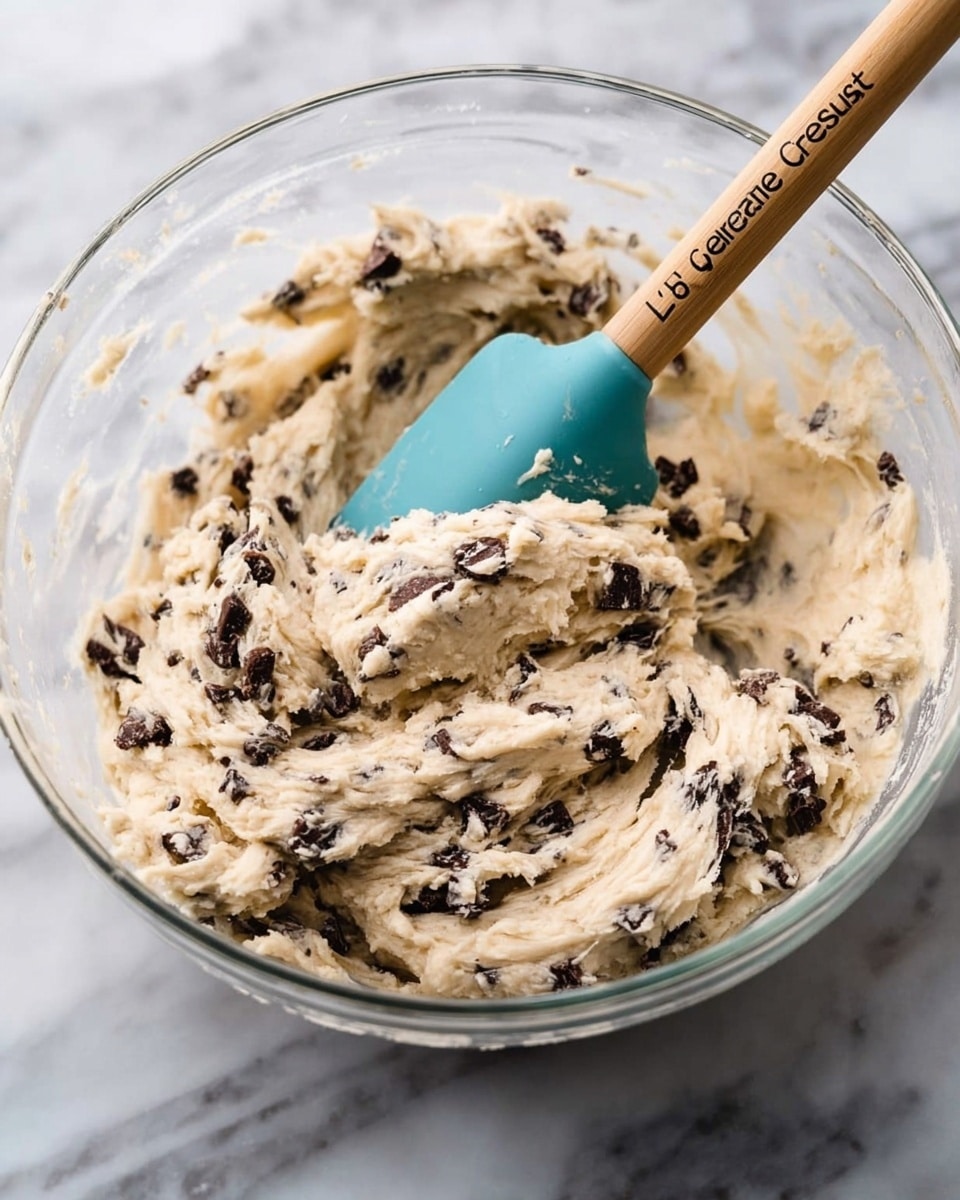 A clear glass bowl sits on a white marbled surface filled with thick, creamy cookie dough mixed with dark chocolate chunks and chips scattered throughout. A light blue spatula with a wooden handle labeled