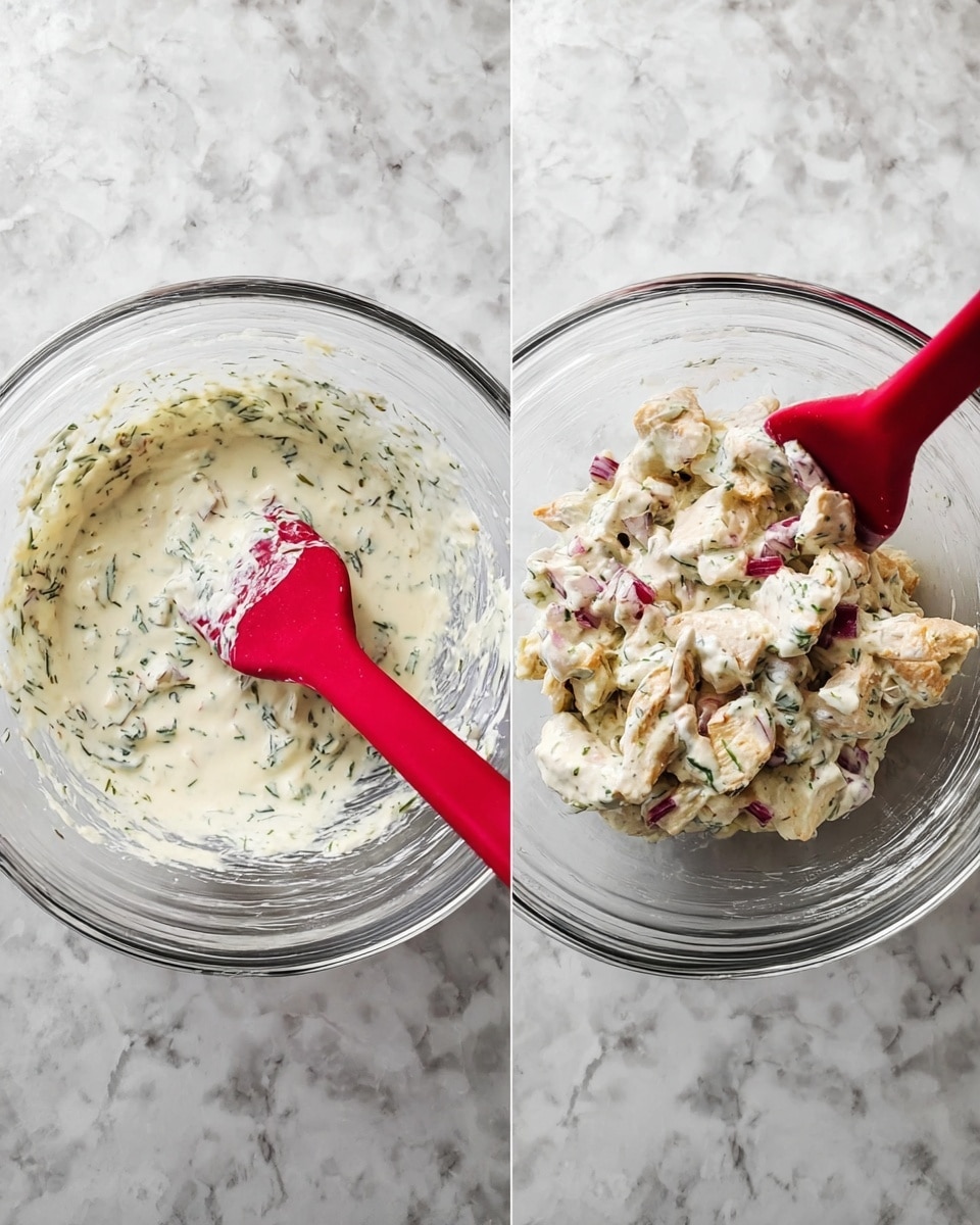 The first image shows a clear glass bowl on a white marbled surface filled with a creamy white sauce mixed with small green herb pieces, stirred by a red spatula. The second image shows the same bowl, now filled with a mix of creamy white sauce with chopped pieces of light brown cooked chicken and bits of red onion, all combined and stirred with the same red spatula, while the white marbled surface remains visible around the bowl. photo taken with an iphone --ar 4:5 --v 7