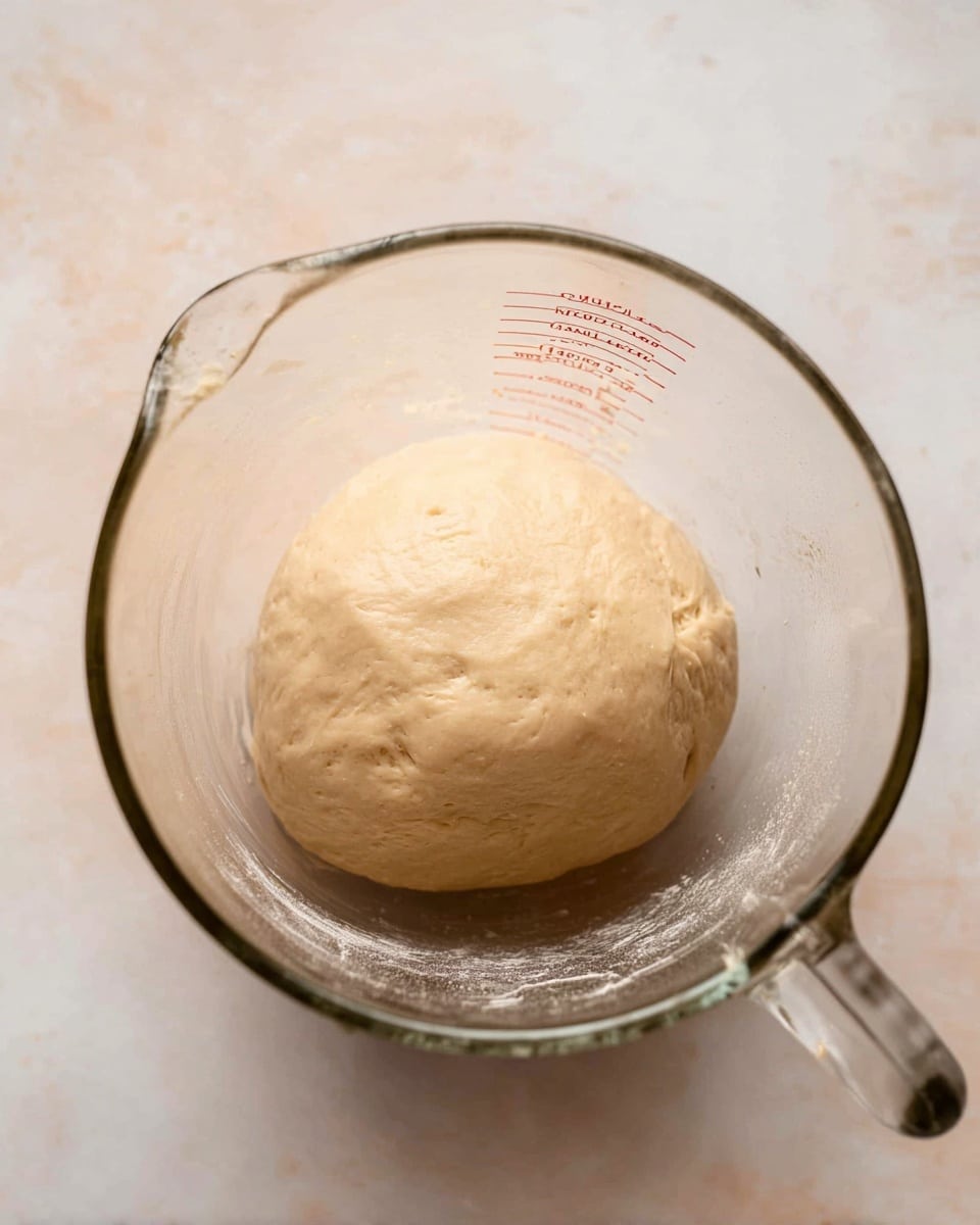 A smooth, round ball of pale beige dough sits in the center of a clear glass measuring cup with visible measurement markings on the side; the dough has a slightly shiny and soft texture, with small air bubbles and subtle indentations visible on its surface. The measuring cup is on a white marbled surface. photo taken with an iphone --ar 4:5 --v 7