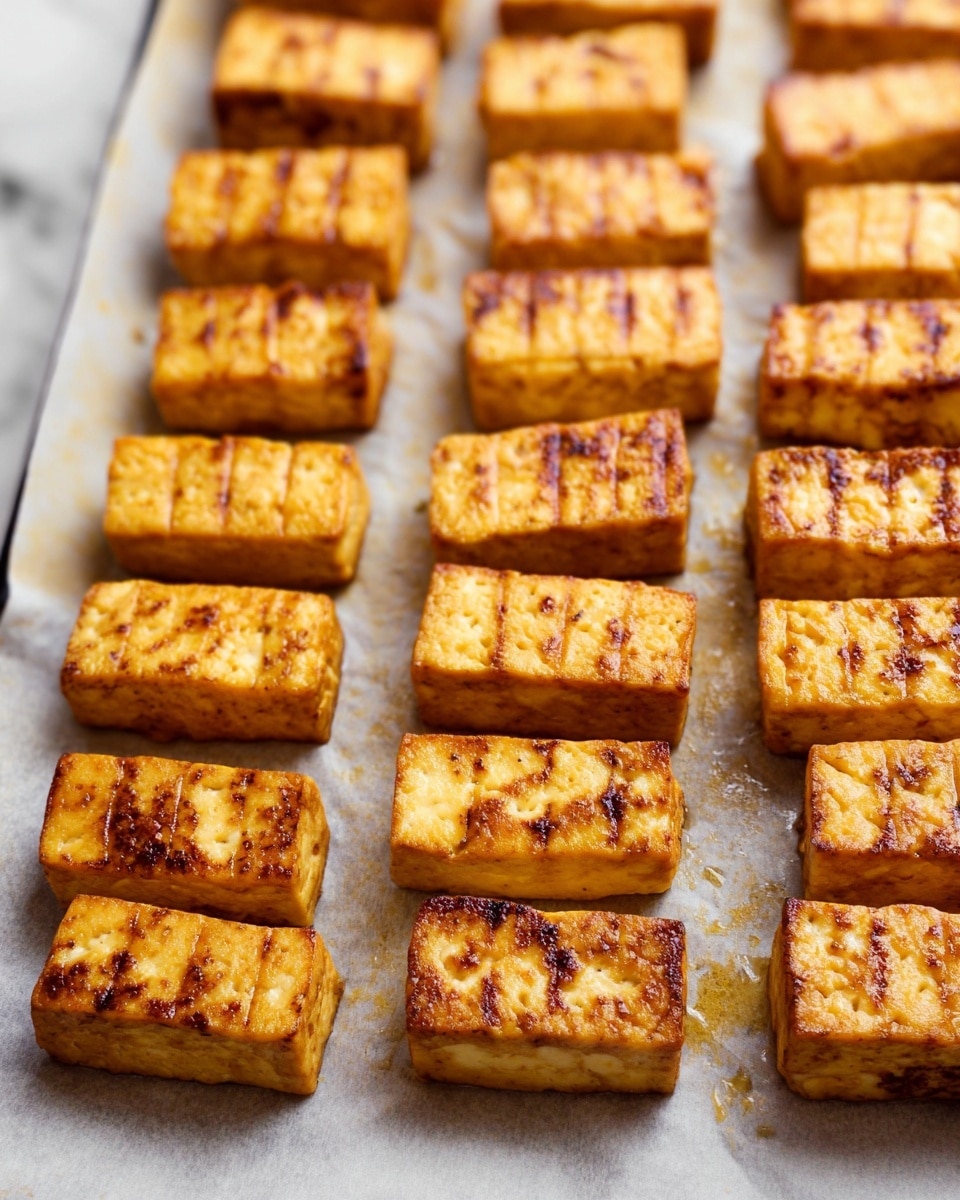 The image shows multiple small rectangular blocks of tofu arranged in neat rows on a baking tray lined with parchment paper. Each tofu block is golden brown and has a slightly crispy texture with grill marks visible on the top surface, giving them a slightly striped appearance. The tofu pieces have a firmer, cooked outside layer with a smooth but slightly porous inside. The tray's surface is light and somewhat shiny from cooking juices. The background is a white marbled texture. photo taken with an iphone --ar 4:5 --v 7