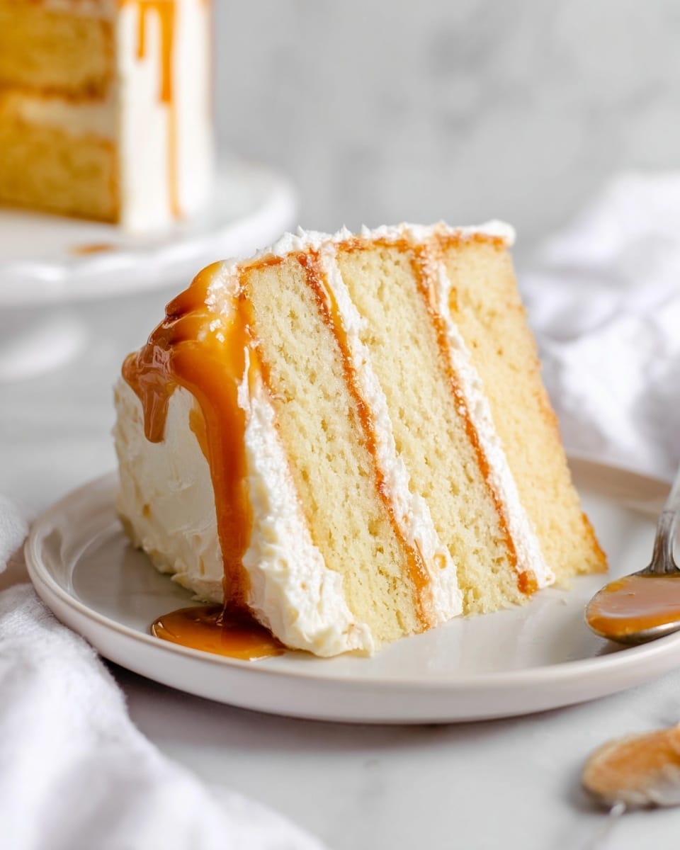 A slice of cake on a white plate with three layers of light yellow sponge cake separated by two layers of thick, golden caramel sauce and white creamy frosting. The top layer is covered with white frosting, and caramel sauce drips down the side, pooling slightly at the base. The texture of the cake looks soft and moist, with the caramel smooth and shiny, contrasting with the fluffy frosting. The plate sits on a white marbled surface with a spoon holding caramel sauce nearby, and a white cloth is partly visible. Photo taken with an iphone --ar 4:5 --v 7