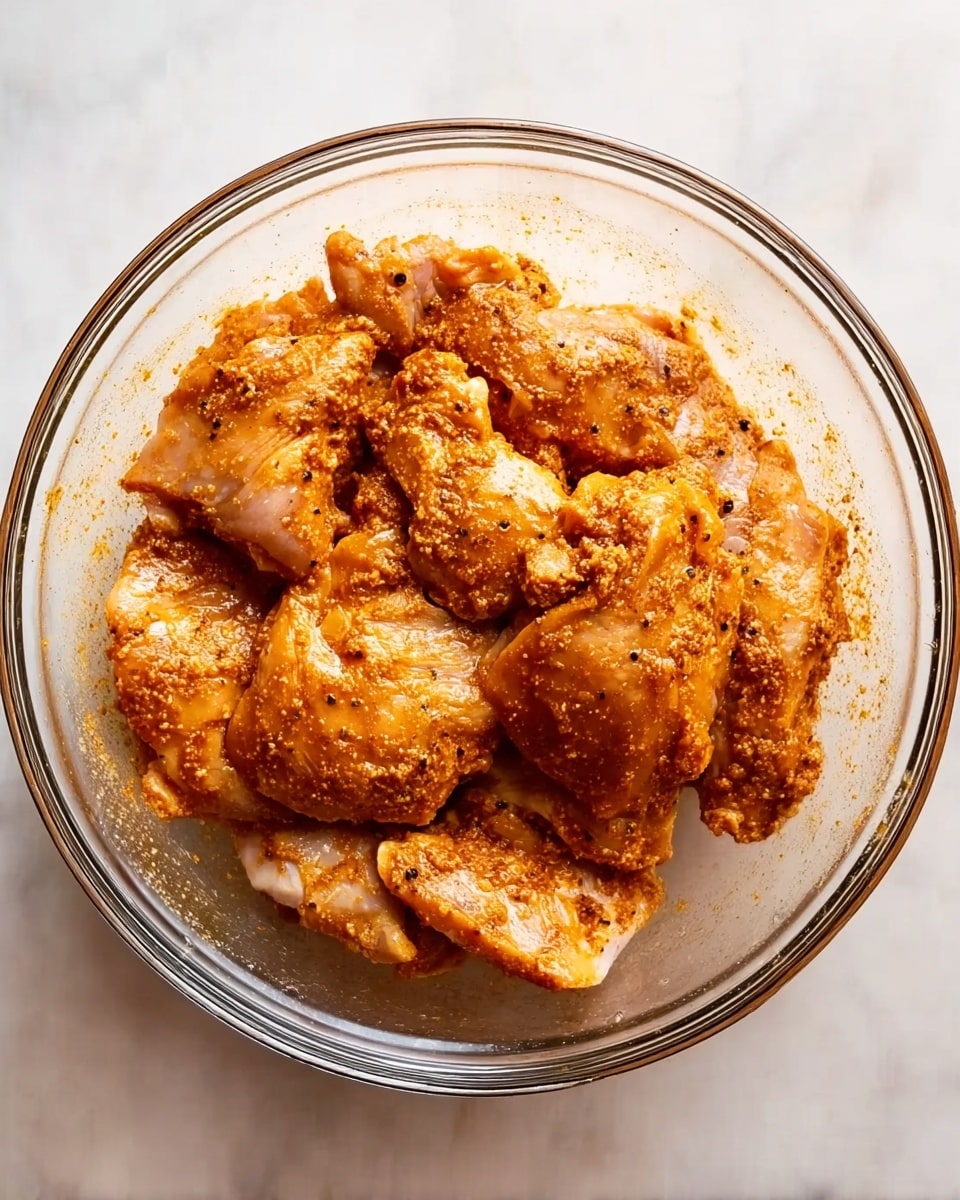 A clear glass bowl sits on a white marbled surface, filled with several pieces of raw chicken coated evenly with a thick, orange-colored spice mix that gives a slightly rough texture. The chicken pieces overlap, showing various sizes and shapes, with some pieces having visible skin texture and a glossy, wet appearance from the marinade. The spice coating has small darker flecks scattered throughout, enhancing its textured look. photo taken with an iphone --ar 4:5 --v 7