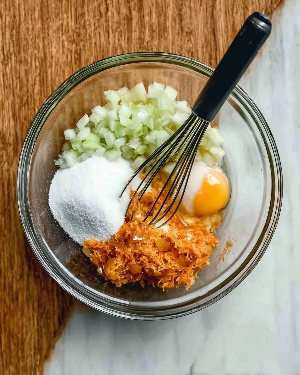 A clear glass bowl sits on a white marbled surface, containing four main layers: a pile of white sugar on the left, finely chopped pale green pieces of fruit toward the top, a raw egg yolk near the bottom center, and a mix of orange shredded or mashed fruit on the right. A black whisk with a plastic handle rests inside the bowl on top of the ingredients. photo taken with an iphone --ar 4:5 --v 7