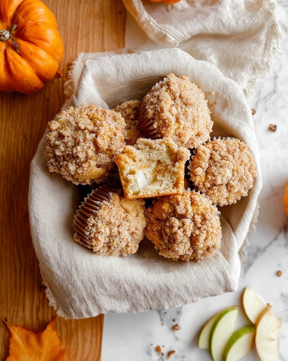 A white bowl lined with a beige cloth holds seven crumb-topped muffins with a light brown color. One muffin is open, showing a soft, pale inside with a piece of apple visible. The crumb topping is rough and covers each muffin well. The bowl sits on a white marbled surface, with a small orange pumpkin and apple slices nearby. The scene has a cozy, autumn feel. photo taken with an iphone --ar 4:5 --v 7