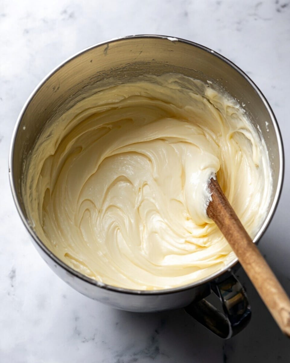 A shiny metal mixing bowl filled with one thick, smooth layer of creamy pale yellow batter with soft swirls inside. A wooden spoon is placed on the right edge, partially dipped into the batter, showing the soft texture. The bowl sits on a white marbled surface. photo taken with an iphone --ar 4:5 --v 7