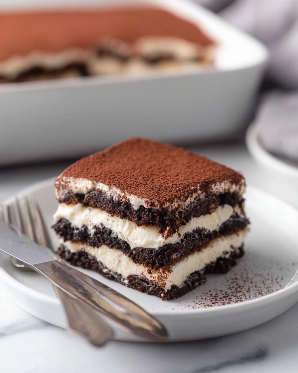 A square slice of layered dessert sits on a white plate with a fork and knife on the side. The dessert has five visible layers alternating between dark, crumbly chocolate layers and smooth, creamy white layers. The top is covered with a fine layer of cocoa powder, giving it a rich brown color with a soft dusted texture. The plate is on a white marbled surface, and there is a blurred baking dish in the background. Photo taken with an iphone --ar 4:5 --v 7