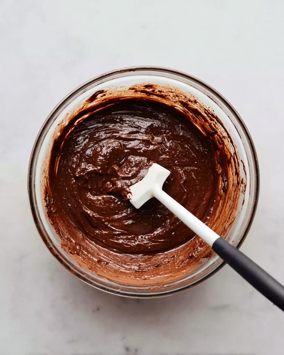 A clear glass bowl sits on a white marbled surface filled with thick, dark brown chocolate batter. A white spatula with a black handle is resting inside the bowl, partly covered with the smooth batter. The sides of the bowl have bits of batter clinging to them, showing the mixture was just stirred. The lighting is soft and natural, highlighting the mixture’s rich texture and slight gloss. photo taken with an iphone --ar 4:5 --v 7