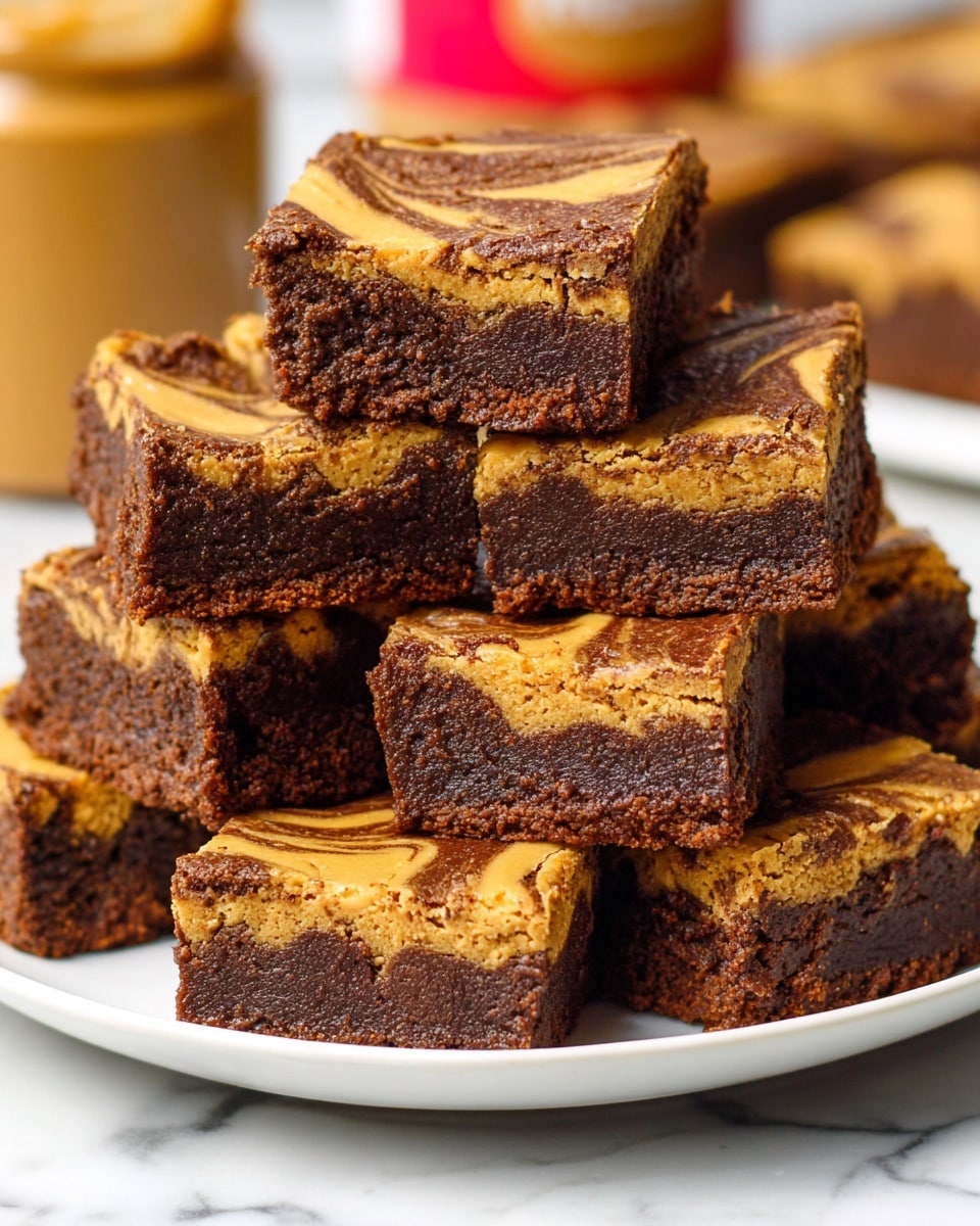 A stack of eight square-shaped peanut butter swirl brownies is arranged on a white plate. Each brownie has two visible layers: the bottom layer is a rich, dark brown chocolate base with a fudgy texture, and the top layer is a lighter golden-brown peanut butter swirl with a smooth, slightly glossy finish creating swirling patterns on top. The brownies are thick, showing a dense and moist interior with a slightly crumbly edge. The plate sits on a white marbled surface with a blurred peanut butter jar in the background. photo taken with an iphone --ar 4:5 --v 7