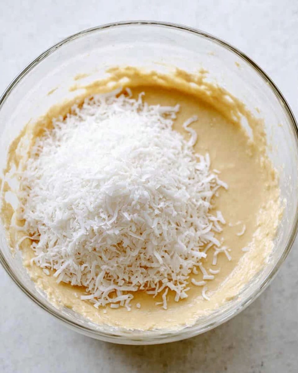 A clear glass mixing bowl contains a thick, smooth, light beige batter that fills most of the bowl. On top of the batter, there is a generous pile of white shredded coconut, creating a fluffy textured layer in the center of the bowl. The bowl is placed on a white marbled surface, with soft natural light giving the batter a creamy look. Photo taken with an iphone --ar 4:5 --v 7
