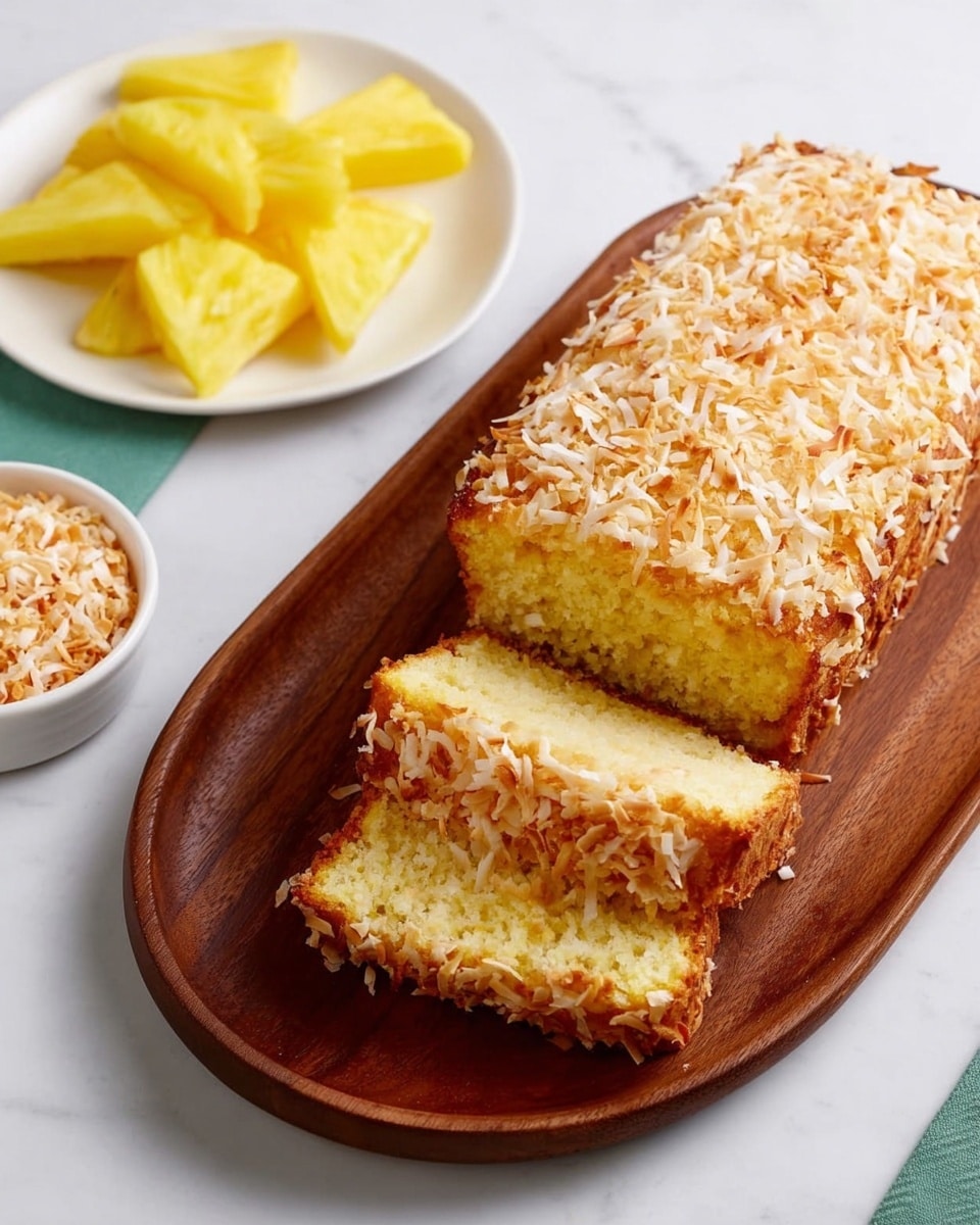 A loaf cake with a golden brown top covered in toasted shredded coconut sits on an oval wooden board. Two slices are cut from the right side, showing a soft, yellow crumb inside. Below the board is a small white bowl filled with toasted coconut. To the left, there is a white plate holding thick slices of bright yellow pineapple. The whole setup is placed on a white marbled surface. photo taken with an iphone --ar 4:5 --v 7