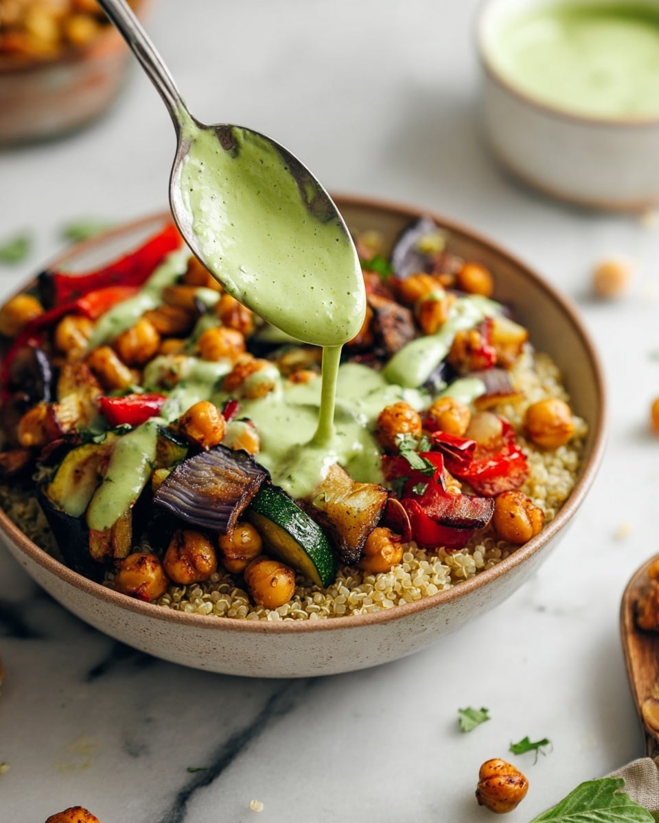 A bowl filled with a base layer of light beige quinoa topped with a mix of roasted golden-brown chickpeas, red bell peppers, and dark purple eggplant chunks, along with green slices of zucchini. A silver spoon is pouring a smooth, light green sauce over the vegetables and chickpeas. The bowl is on a white marbled surface with scattered chickpeas and green leaves around. In the background, there is a small white bowl with the same green sauce and some out-of-focus elements. Photo taken with an iphone --ar 4:5 --v 7