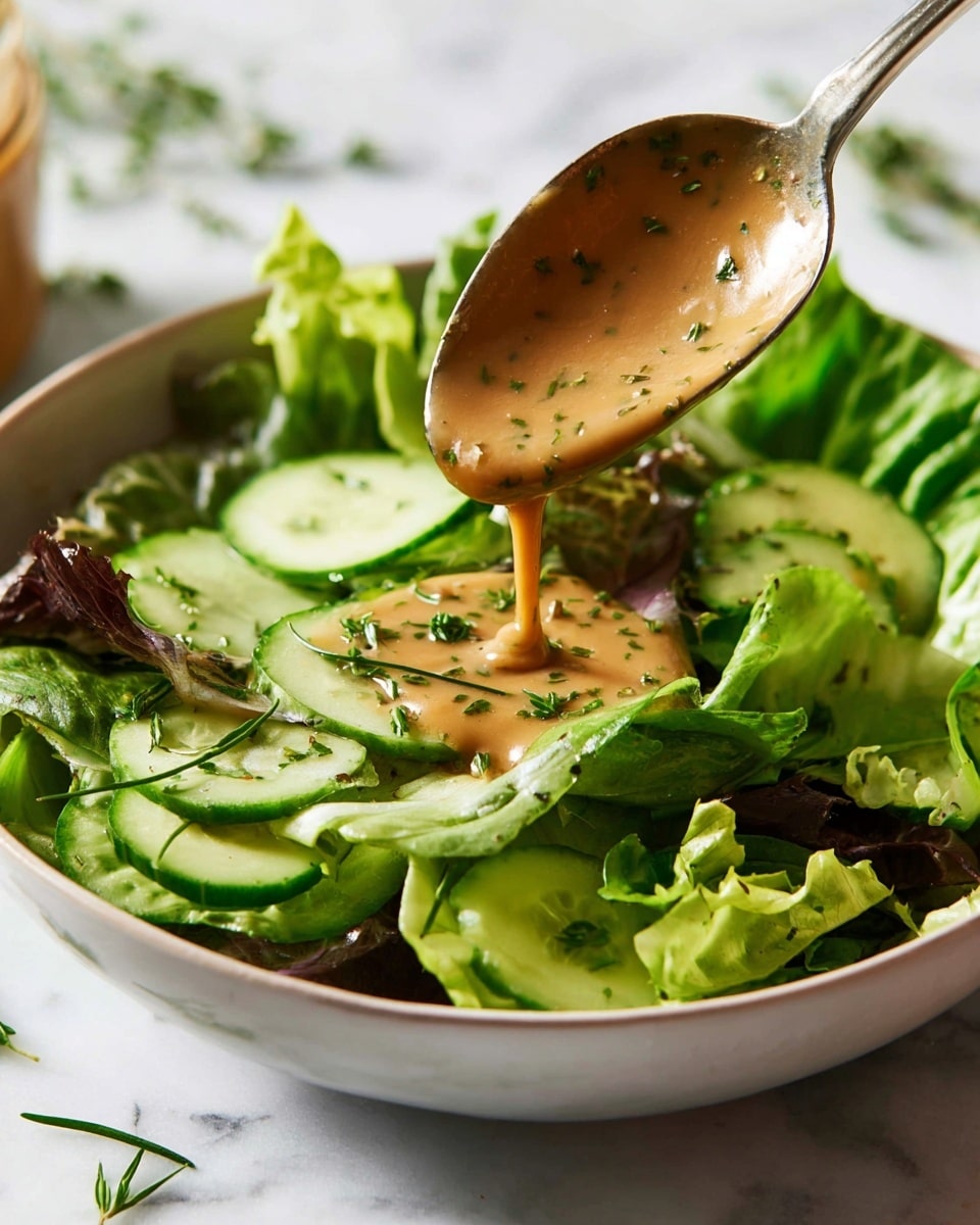 A close-up view of a fresh salad in a white bowl on a white marbled surface, with a layer of green lettuce leaves forming the base, topped with sliced light green cucumbers scattered around. A spoon is held over the salad, pouring a thick, light brown dressing with visible small green herb pieces. The lettuce leaves are a mix of light and dark green, with some darker leafy bits adding texture. There are small green herbs sprinkled on top, enhancing the freshness. The scene is bright and clean with a clear focus on the textures of the fresh ingredients and the flowing dressing, photo taken with an iphone --ar 4:5 --v 7