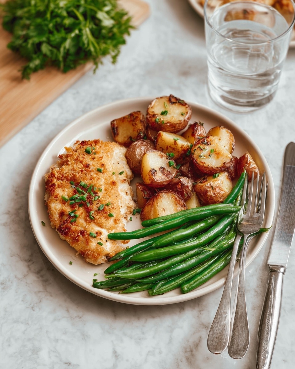 A white round plate on a white marbled surface holds a meal with three main parts: on the left is a golden brown, crispy textured chicken piece with small green herb bits on top; to the right of the chicken, middle to upper part of the plate, there are browned potato chunks with a crispy and rough skin, some sprinkled with small green herbs; at the bottom right of the plate are bright green, long green beans, cooked but still firm and slightly shiny. A silver fork and knife with simple designs are placed side by side on the right edge of the plate. In the background is a clear glass of water and a small bunch of fresh green herbs on a white plate. photo taken with an iphone --ar 4:5 --v 7