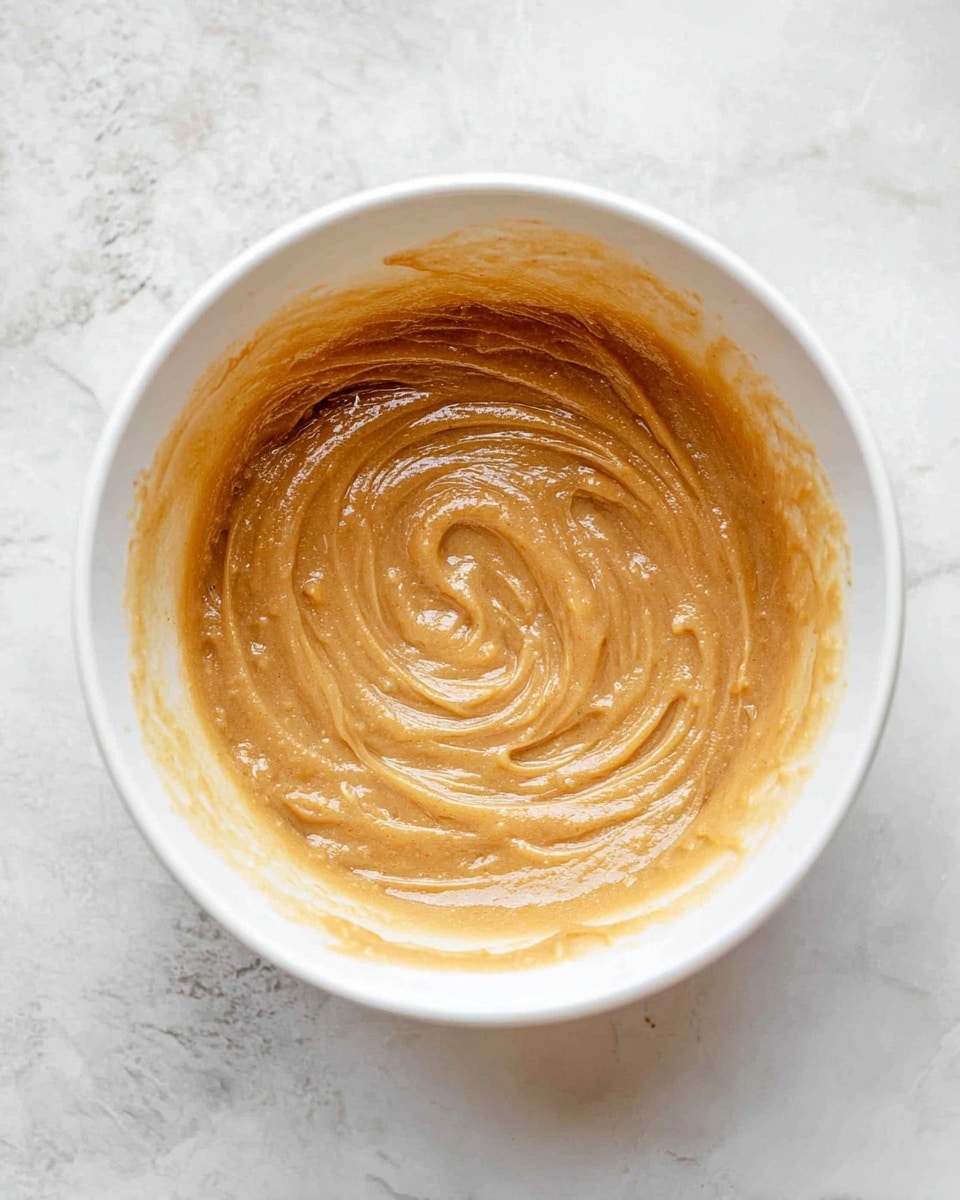 A white bowl sits on a white marbled surface filled with a single layer of light brown, creamy batter that has a smooth texture with small swirls in the center showing gentle mixing movement, the batter's color ranges from golden to caramel hues with some areas slightly darker around the edges, and the bowl's inside rim shows traces of the mixture. photo taken with an iphone --ar 4:5 --v 7