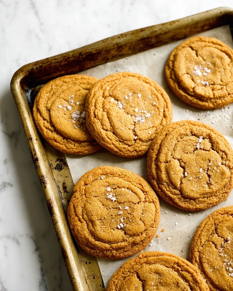A baking tray holds seven golden brown cookies with a slightly cracked surface showing a soft, chewy texture inside. The cookies have a round shape and are sprinkled with small flakes of white sea salt on top, adding a bit of shine and contrast to the warm cookie color. The tray has a worn look, with some darker spots and stains, and is lined with a piece of parchment paper under the cookies. The tray is set on a white marbled surface. photo taken with an iphone --ar 4:5 --v 7