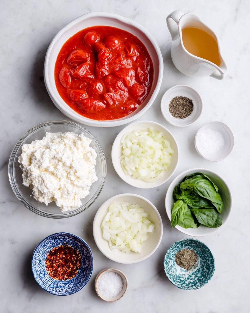 The image shows nine bowls and small containers placed on a white marbled surface, each containing different ingredients. The largest bowl is filled with bright red whole peeled tomatoes in a thick red sauce, positioned slightly right of center. To its left, there is a small white pitcher filled with a light brown liquid. Below the pitcher is a clear glass bowl full of white, lumpy cottage cheese. Next to the cottage cheese bowl and slightly lower is another white bowl filled with chopped white onions. To the right of the onions bowl is a white bowl with fresh green basil leaves. Above the basil and to the right, a small dark bowl holds black pepper. Above the pepper bowl is a small white pitcher containing a pale yellow liquid. Next to it is a small round white container filled with fine white salt. Continuing left, a small blue and white patterned bowl contains thin white garlic slices, and lastly, a blue and white patterned bowl holds red chili flakes near the center. The photo taken with an iphone --ar 4:5 --v 7