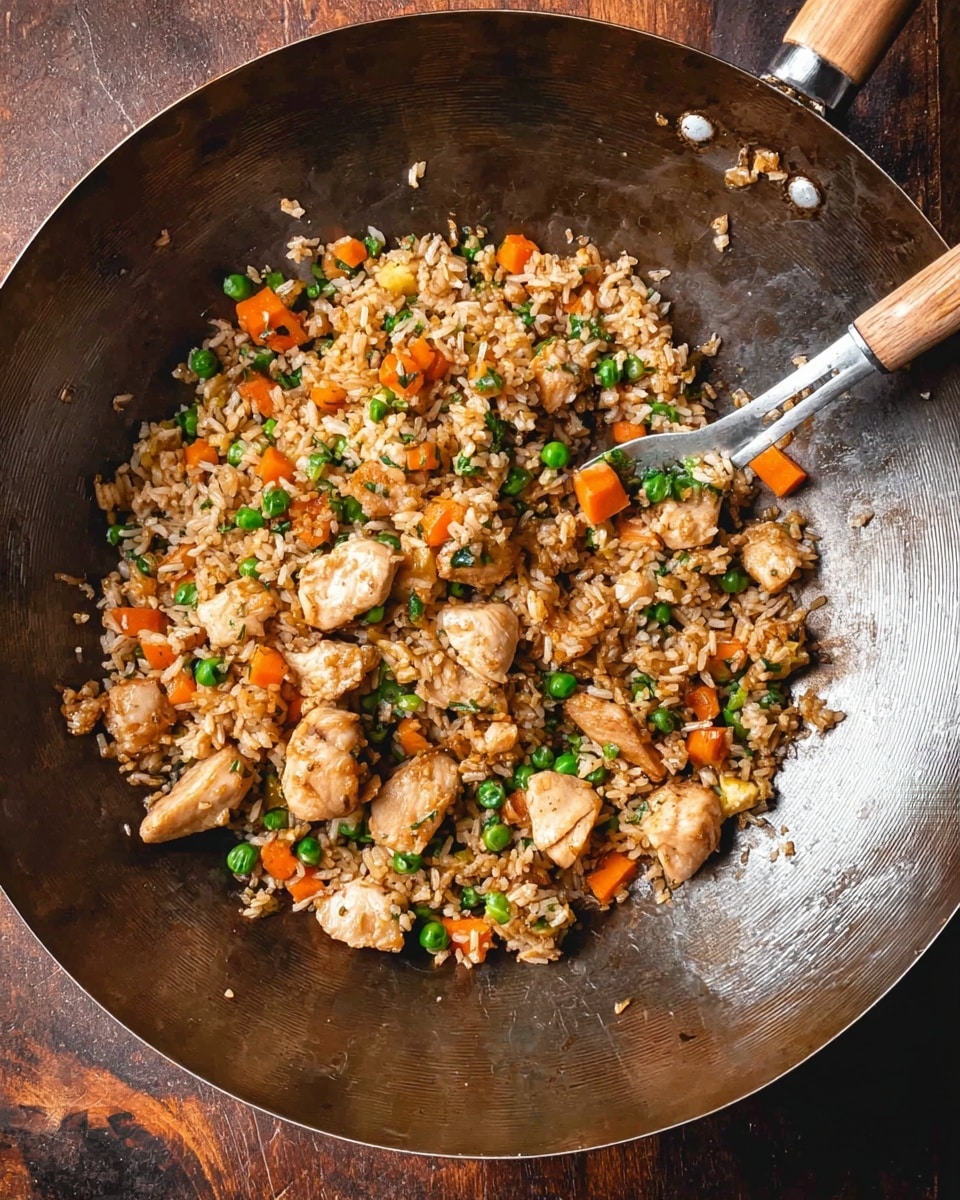 Inside a deep round metal wok, there is fried rice mixed with orange carrot cubes, green peas, and small green onion slices. Chicken pieces that are golden brown and cooked are spread evenly among the rice. A silver metal spoon is resting on the right side of the wok, slightly buried in the food. The wok has a wooden handle and sits on a dark wood textured surface which should be imagined as a white marbled texture. Photo taken with an iphone --ar 4:5 --v 7