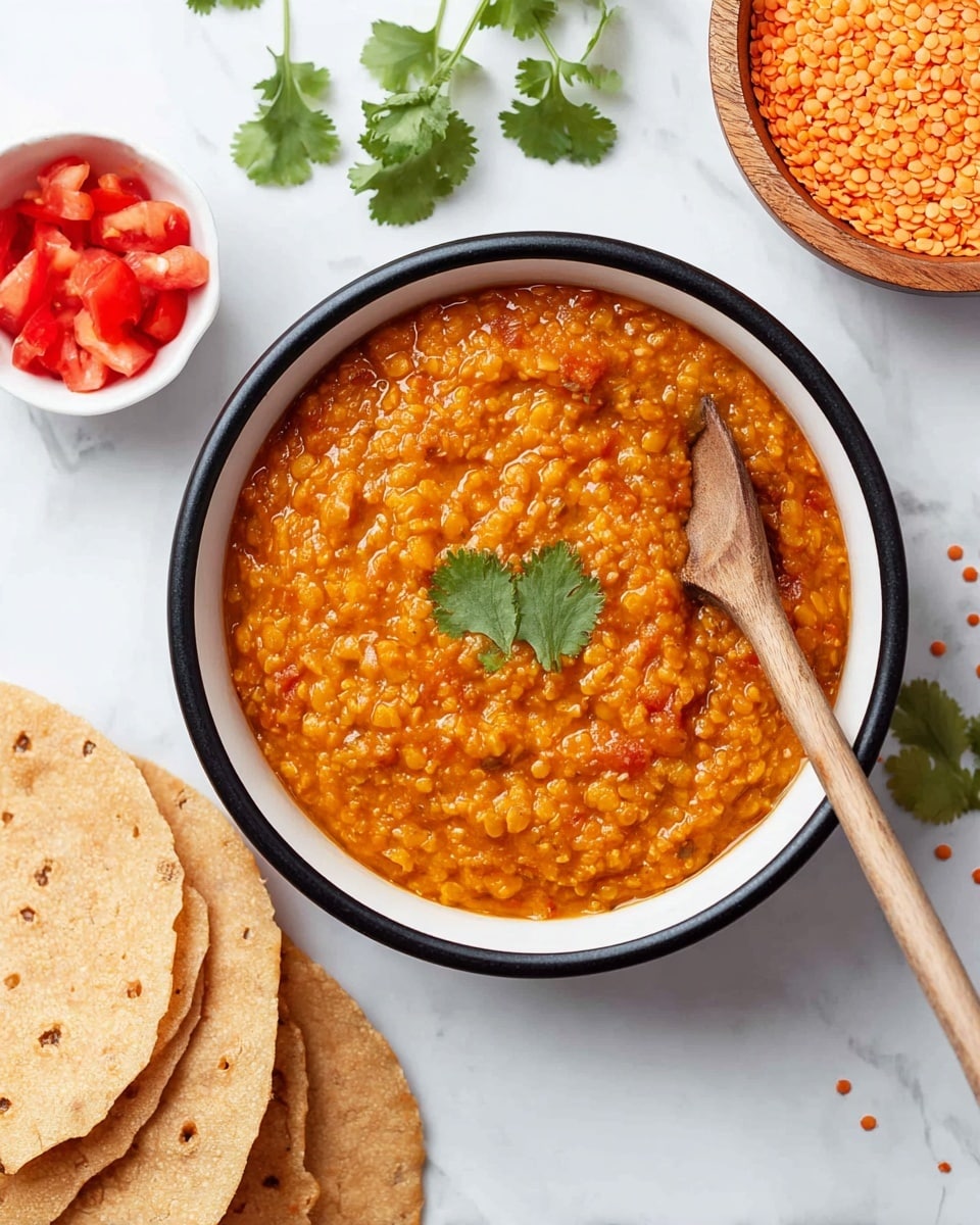 A white bowl with a black rim is filled with thick orange lentil stew that has a slightly chunky texture. In the center, a green cilantro leaf sits on top. A wooden spoon rests inside the bowl on the right side, partially dipped into the stew. Around the bowl, on a white marbled surface, there is a small white dish with diced red tomatoes in the top left, a wooden bowl filled with dry orange lentils above the white bowl, and fresh cilantro leaves near the top left. To the right, there is a stack of light brown, round flatbreads with a porous texture, and one flatbread is placed on the bottom left side of the image. photo taken with an iphone --ar 4:5 --v 7