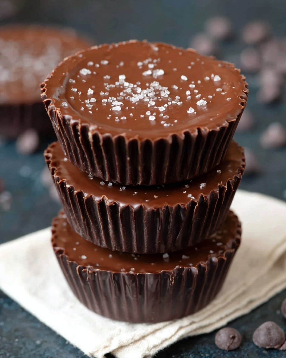 A close-up image shows a stack of three round chocolate treats, each in a ridged dark brown paper cup. The top treat has a smooth, shiny chocolate surface sprinkled with small white salt crystals. The middle and bottom treats have similar ridged sides with a matte finish. The stack sits on a folded white napkin placed on a dark surface, with scattered chocolate chips blurred in the background. photo taken with an iphone --ar 4:5 --v 7