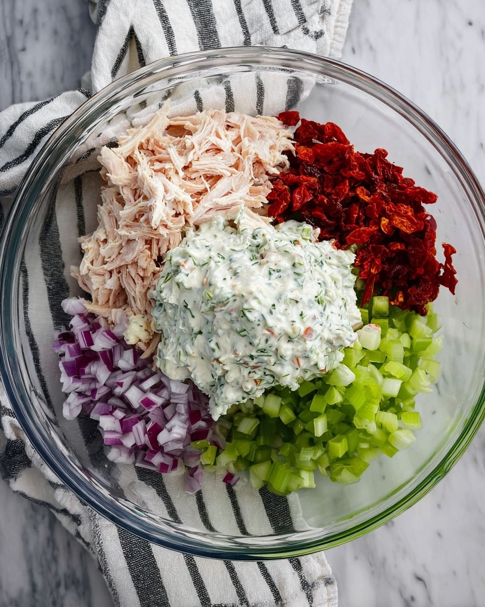 A clear glass bowl sits on a white marbled surface, holding five separate layers of ingredients arranged around each other. At the top left, there is shredded light pink chicken, next to it on the top right is a pile of dark red chopped sun-dried tomatoes. Below the sun-dried tomatoes is bright green diced celery, and to its left is finely chopped purple-red onion. In the center of the bowl lies a creamy white sauce mixed with green herbs, creating a contrast with the other ingredients around it. A white and black striped cloth rests under the bowl photo taken with an iphone --ar 4:5 --v 7