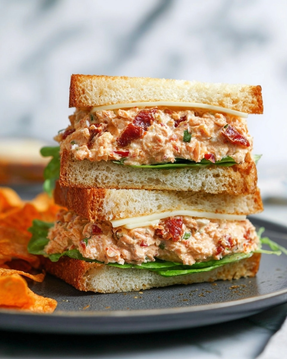 The image shows a sandwich stacked in two thick layers on a dark gray plate with some orange chips around it. The sandwich has three slices of toasted light golden brown bread, with a soft and slightly porous texture. Between each slice, there is a creamy, chunky spread mixed with red sun-dried tomato pieces and herbs, giving a mix of light pink, red, and green colors. There is also a smooth, white slice of cheese in each layer above the spread. At the bottom layer, fresh green lettuce is visible under the spread. The background has a white marbled texture and the photo looks bright and clear. photo taken with an iphone --ar 4:5 --v 7