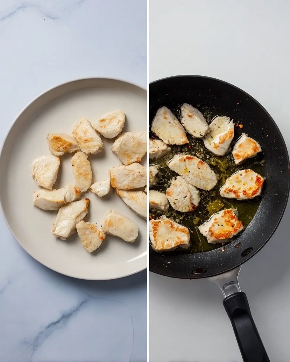 The image shows two side-by-side views of a cooking process. On the left, there is a white plate with several pieces of lightly browned white meat. On the right, a black frying pan contains similar pieces of white meat cooking in oil, with some light browning visible, and the pan has a black handle. Both scenes have a white marbled surface beneath them. photo taken with an iphone --ar 4:5 --v 7