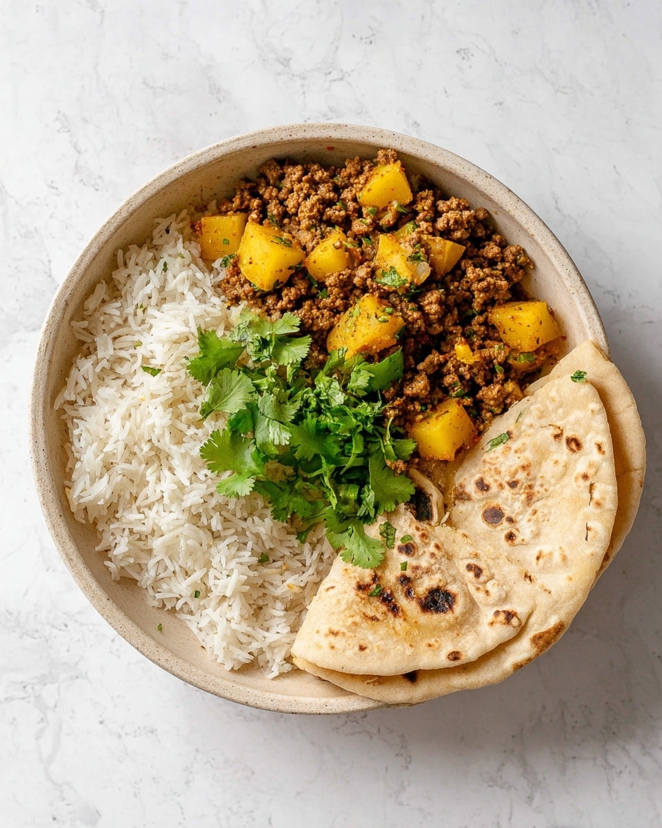 A round bowl with three parts of food on a white marbled surface: one part has white cooked rice with long grains, the second part has a mix of cooked ground meat and yellow potato cubes garnished with fresh green cilantro leaves, and the third part has two folded pieces of light beige flatbread with small dark seeds and some brown toasted spots. The bowl has a natural beige colour and holds the food neatly. photo taken with an iphone --ar 4:5 --v 7