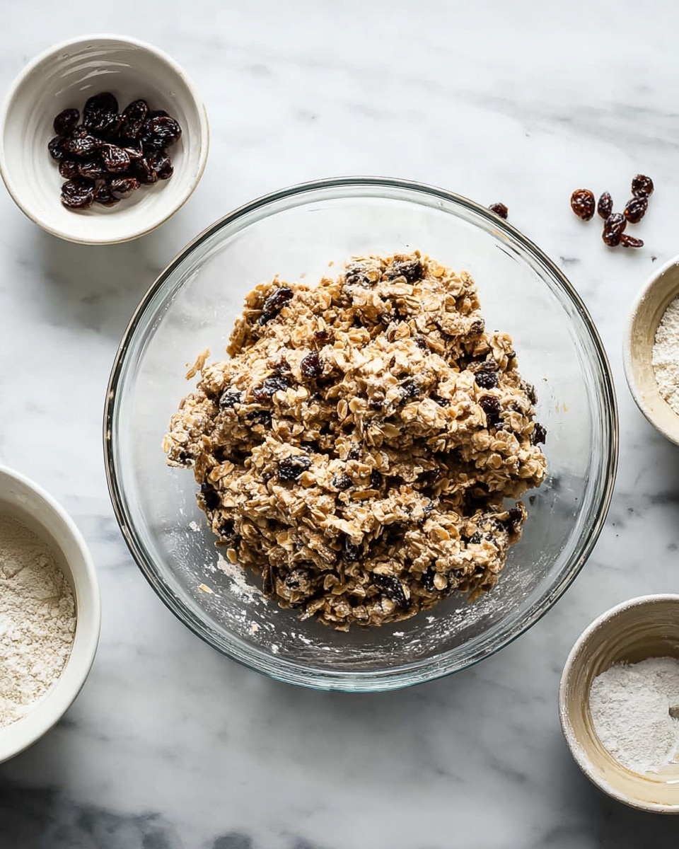 A clear glass bowl sits on a white marbled surface, filled with a thick, chunky mixture of oats and dark raisins, showing a rough texture with visible oats and fruit pieces. Surrounding the main bowl are three smaller white bowls, one containing scattered dark raisins, another nearly empty with some white powder residue inside, and the third similarly empty but with slight traces of powder, all placed on the white marbled surface. photo taken with an iphone --ar 4:5 --v 7