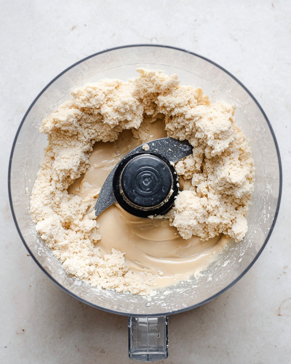 A clear food processor bowl with a black blade in the center contains a mix of crumbly and wet dough. The dough shows two main textures: clumps of dry, crumbly off-white dough around the edges and a smoother, wet beige liquid pooling underneath and slightly along the bowl walls. The background is a white marbled surface. photo taken with an iphone --ar 4:5 --v 7