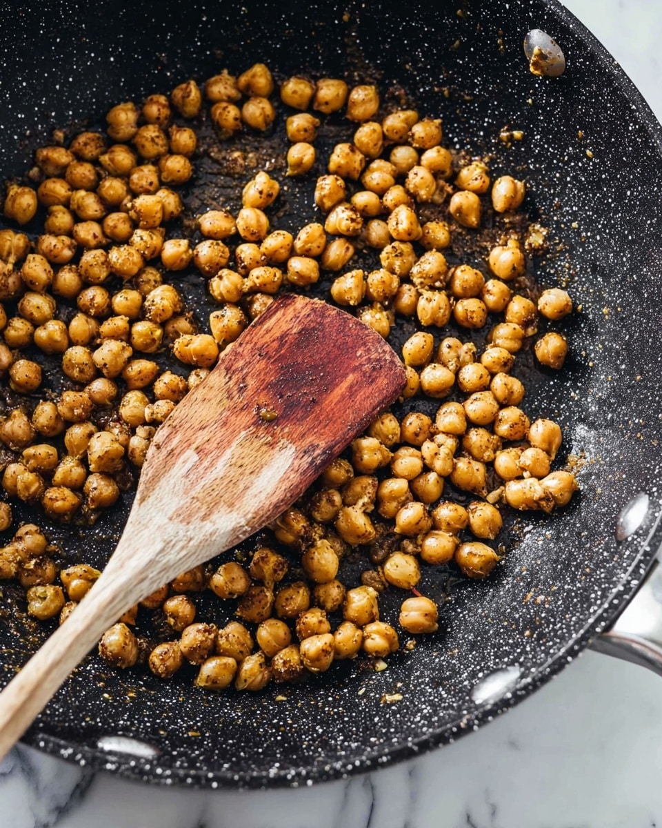 A close-up view of a black speckled frying pan filled with a single layer of cooked chickpeas that are seasoned with visible spices, giving them a slightly textured, golden-brown look. A worn wooden spatula with a reddish-brown head and lighter handle rests in the pan, partially covering some chickpeas arranged in a curved shape around its edge. The pan sits on a white marbled surface. photo taken with an iphone --ar 4:5 --v 7